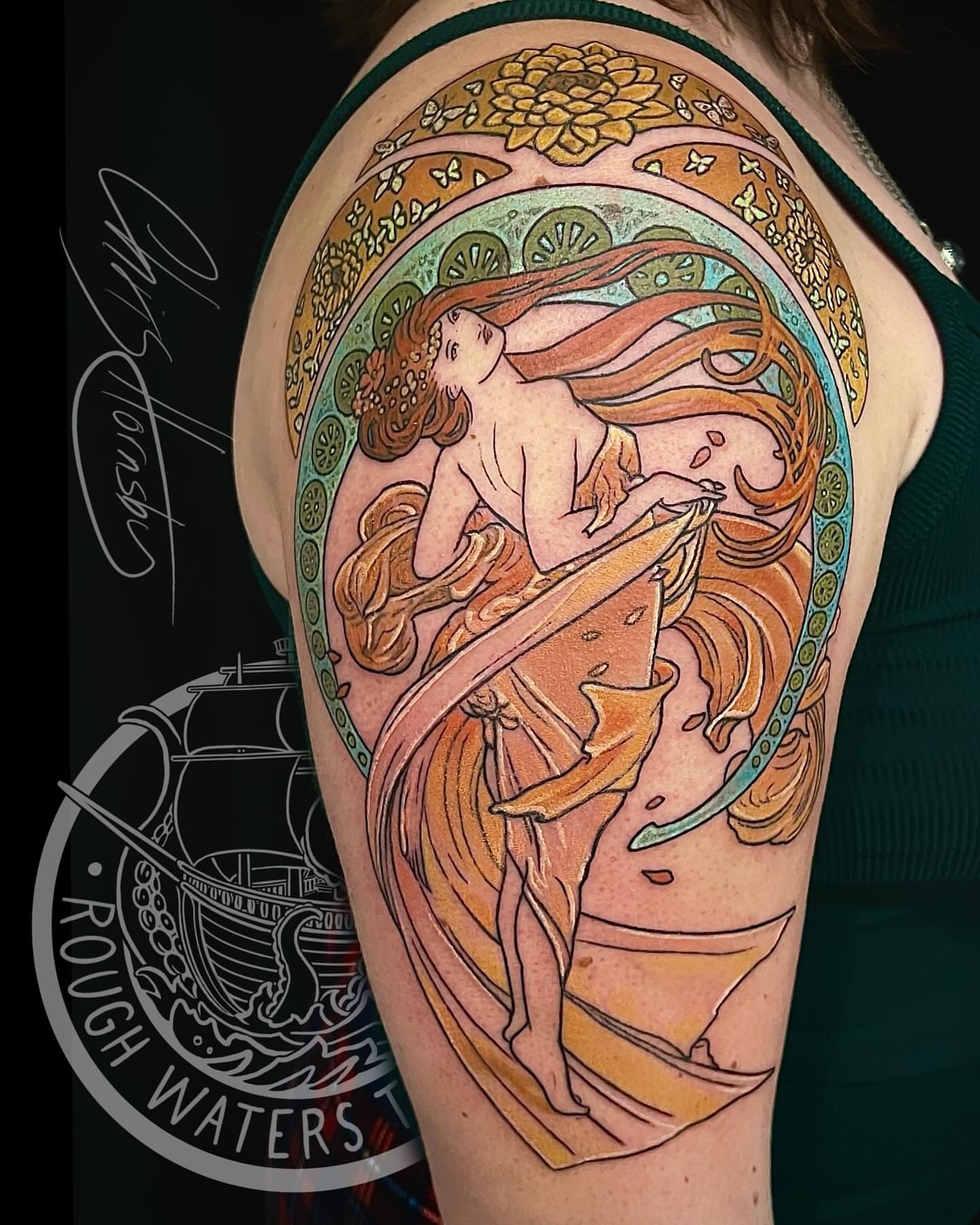 Mermaid new school tattoo on the shoulder by Chris Hornsby