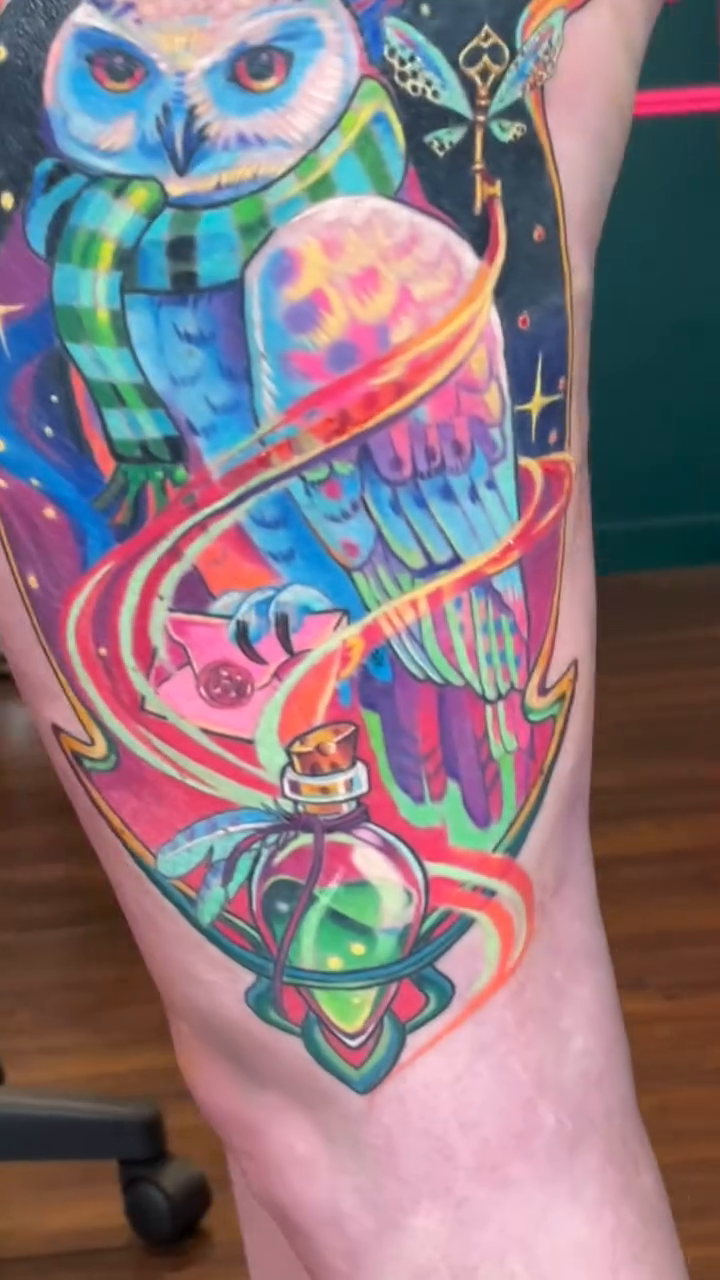 Owl with scarf and potion bottle neo-traditional tattoo by Sienna Coppa
