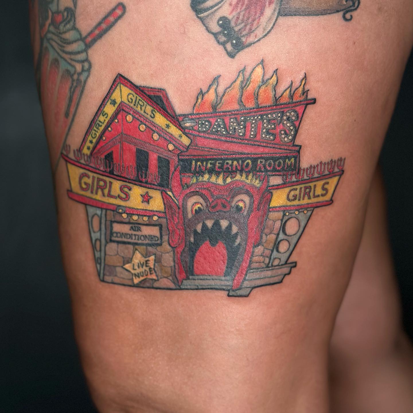Dante's inferno room American traditional tattoo on the thigh by 𝕵𝖊𝖘𝖘𝖆 𝕭𝖎𝖌𝖊𝖑𝖔𝖜, Harrison, New Jersey