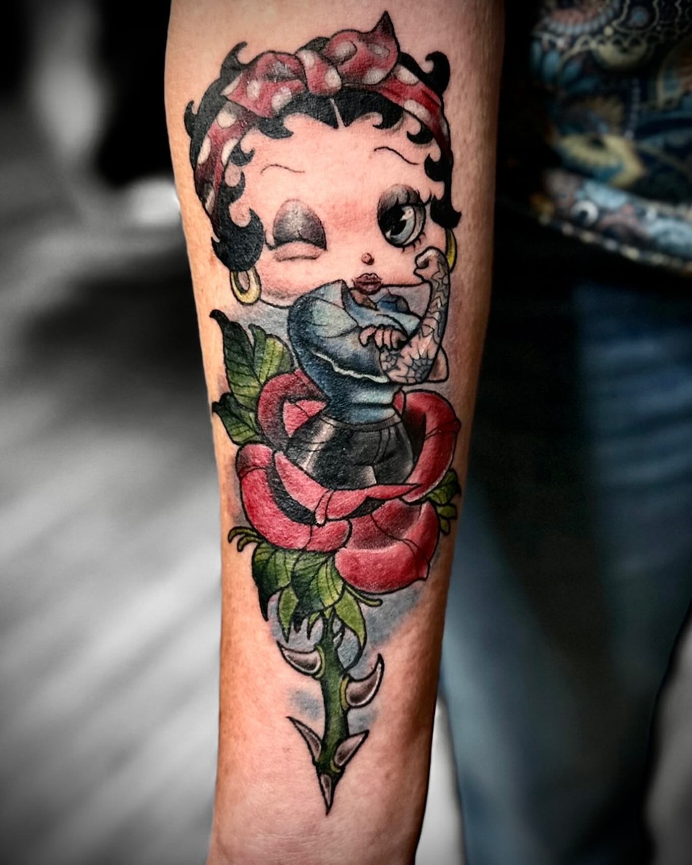 Betty boop with snake American traditional tattoo on the forearm by Tattoo Artist Ian Day (Everlasting_Art_Ink)