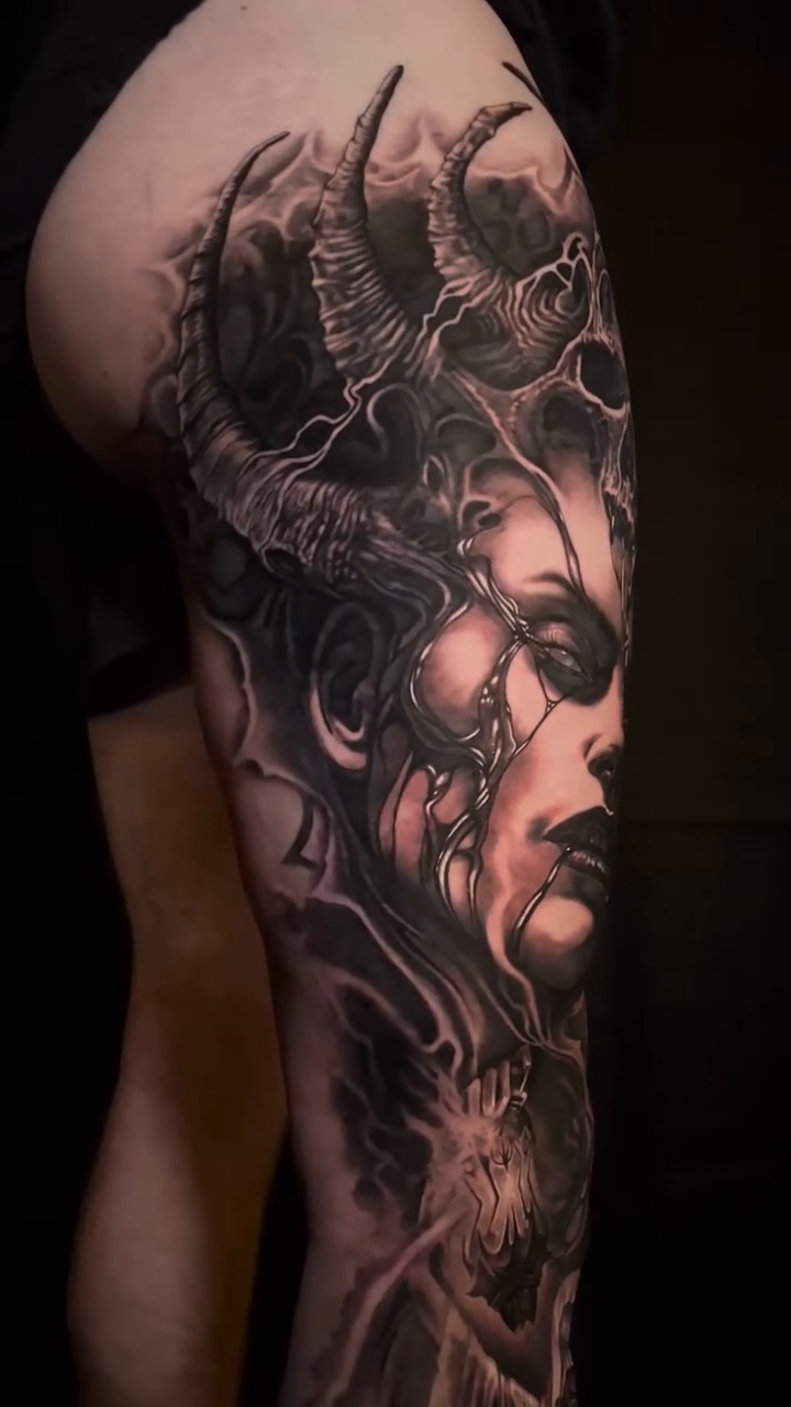 Medusa with skull elements dark realism tattoo by Gabriel Londis