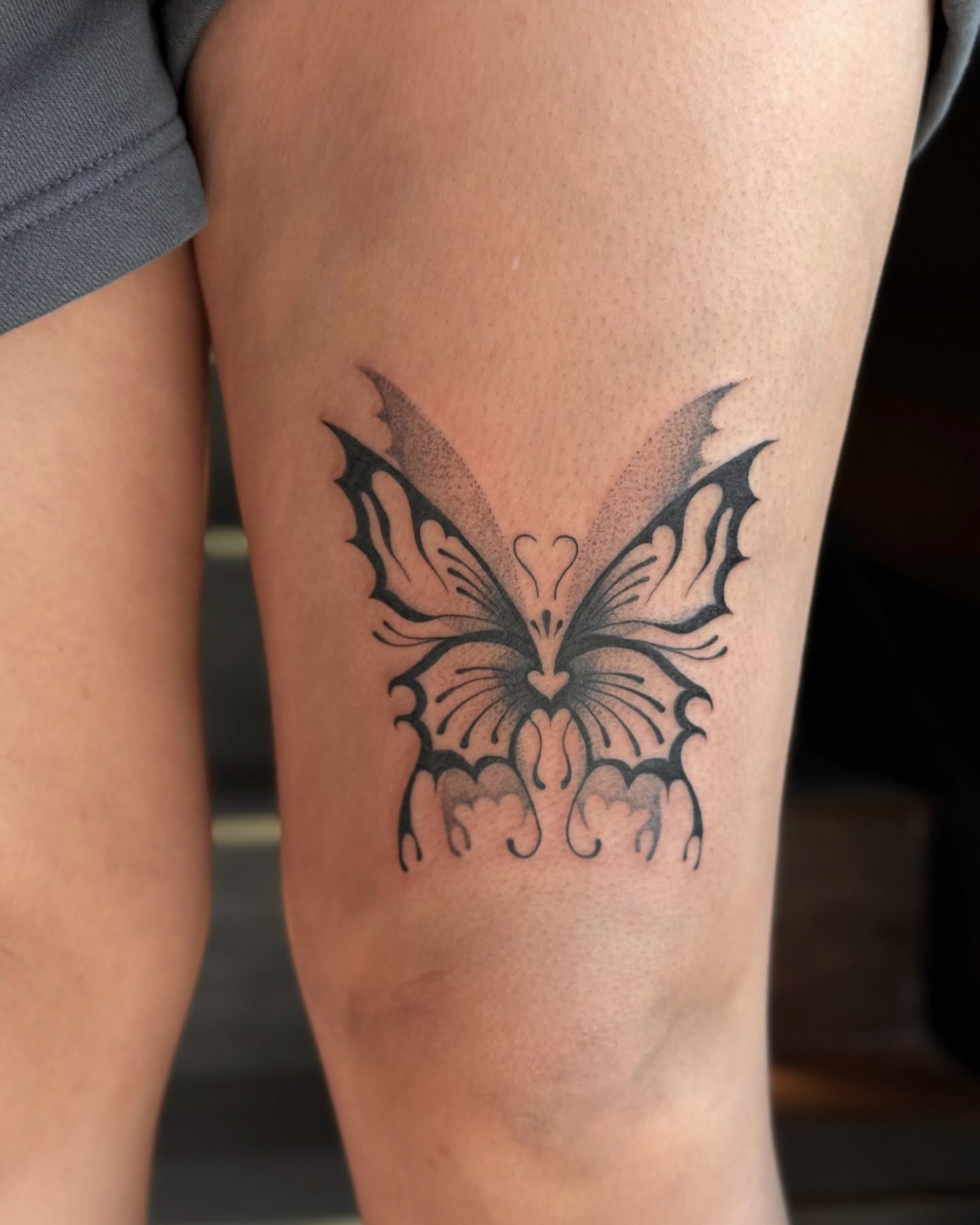 Butterfly dotwork tattoo on the thigh by Hailey K - Arizona Tattoo Artist, Miami, Florida