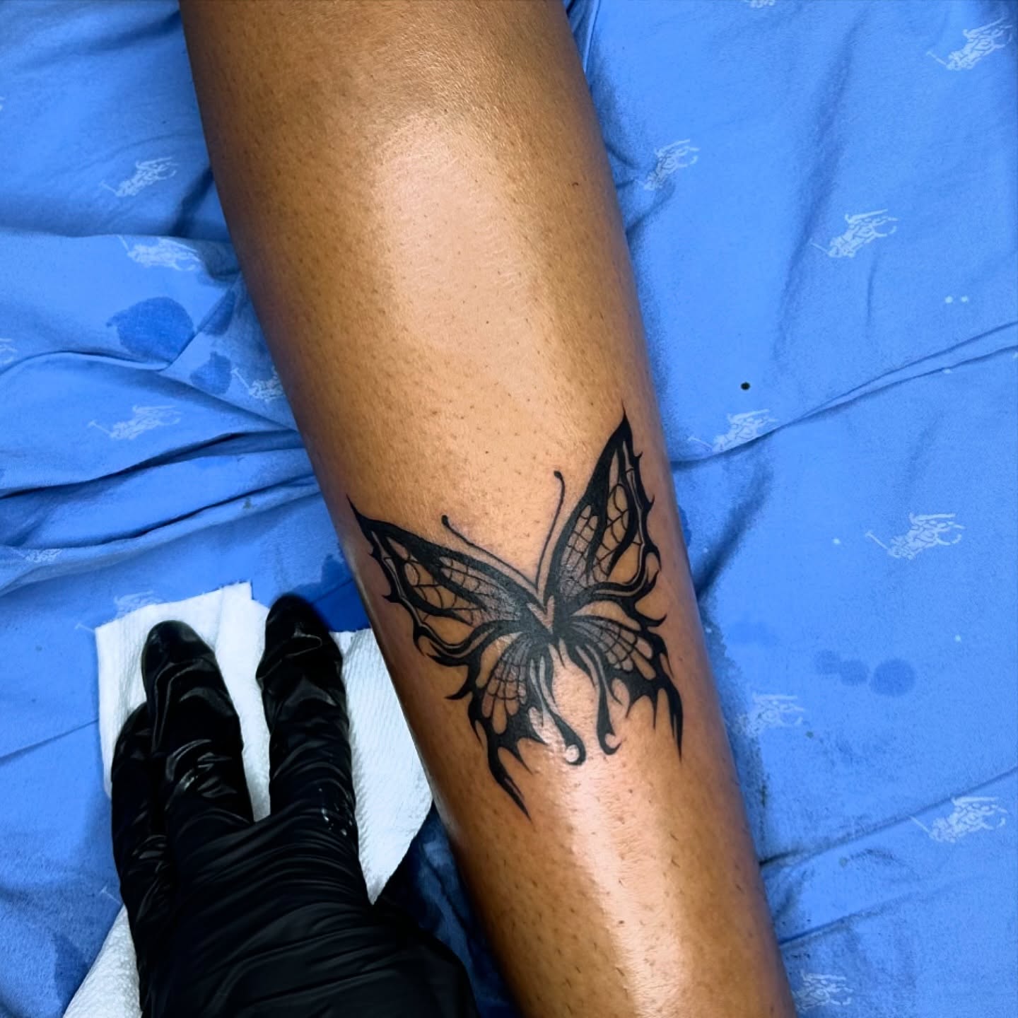 Butterfly black and grey tattoo on the forearm by Emma Sferdian🇷🇴