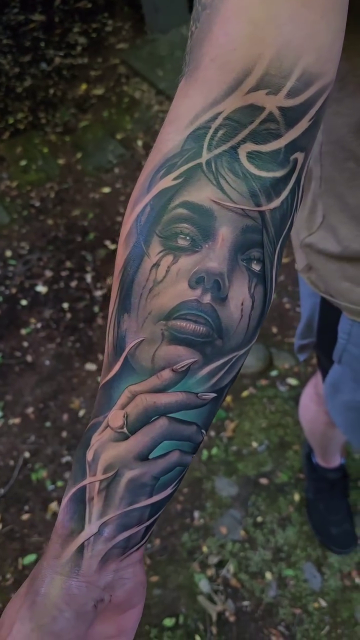 Tattoo by @gagecheesmantattoos — dark_realism, black_and_grey