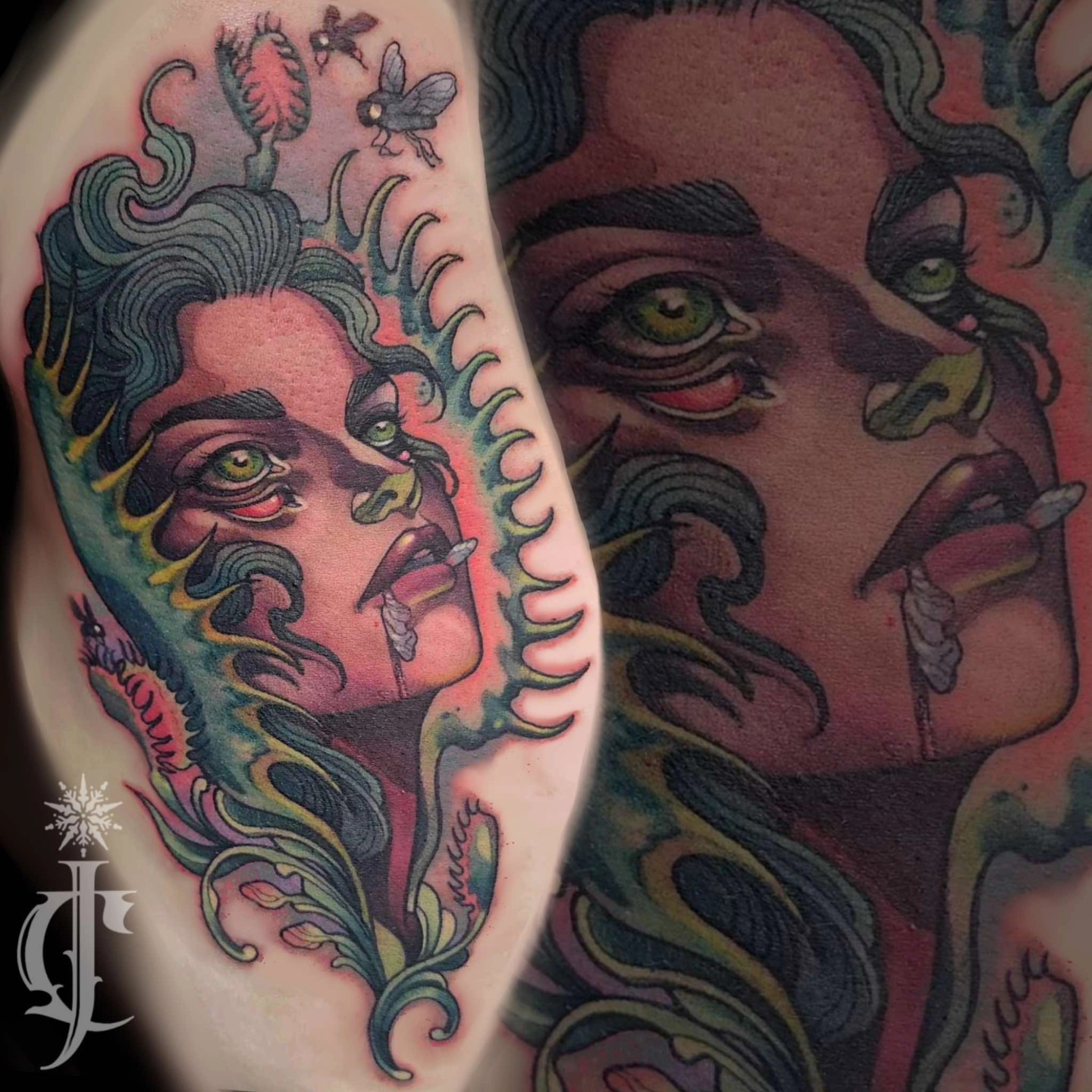 Woman's face American traditional tattoo on the forearm by Jessica Canvas