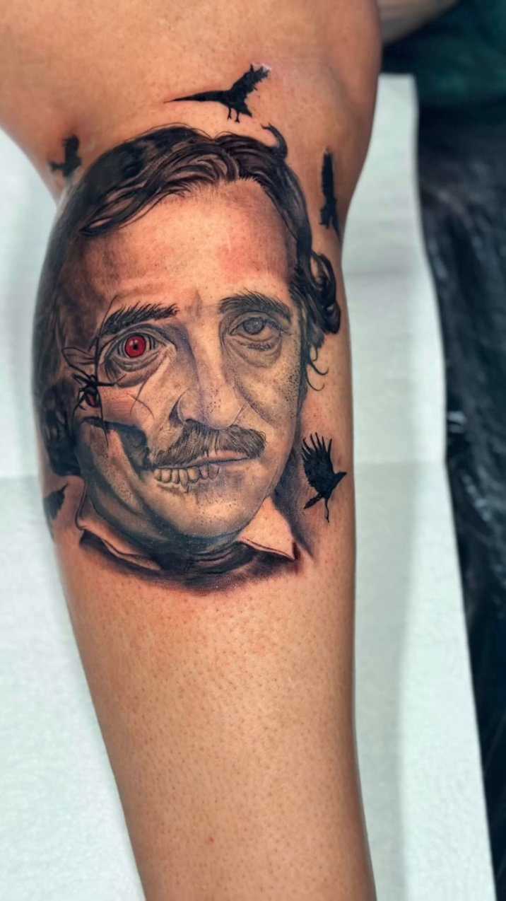 Man's portrait and skull realism tattoo by Adrian Dominguez, Las Vegas, Nevada