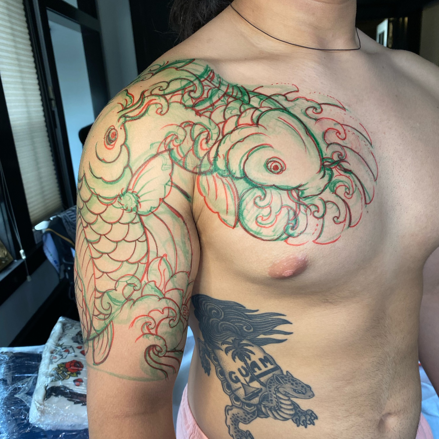 Koi fish japanese irezumi tattoo on the chest by H O R I H A N