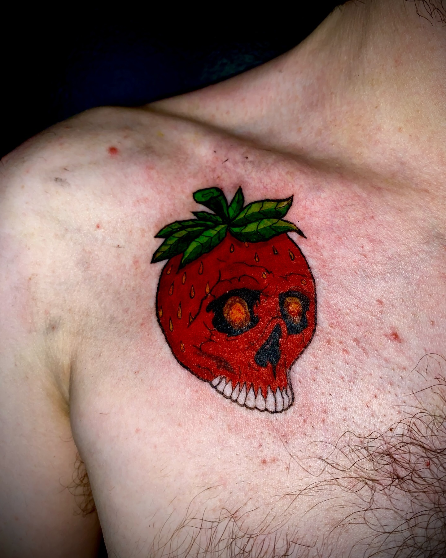 Strawberry skull American traditional tattoo on the chest by 𝕷𝖚𝖈𝖎𝖉