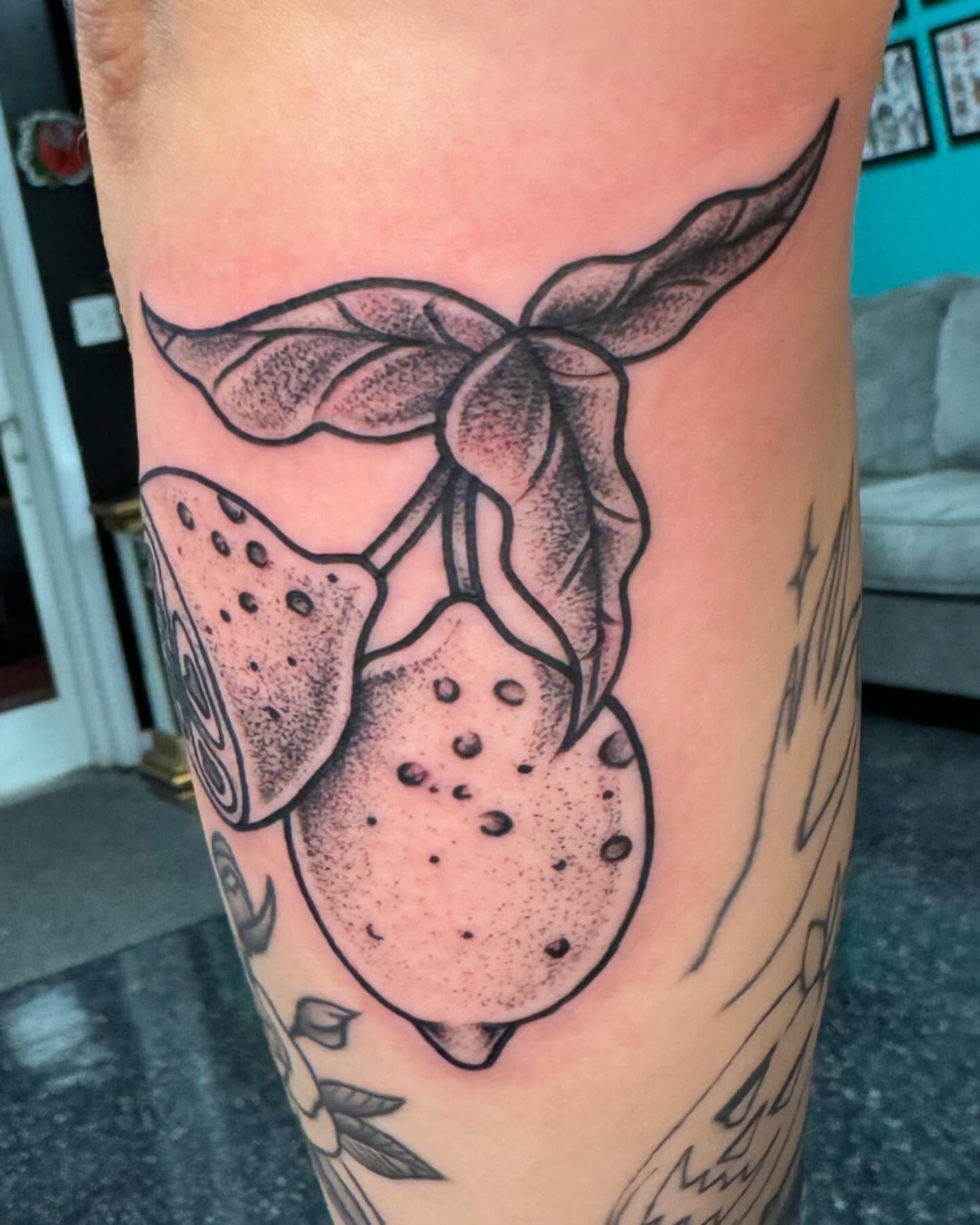 Potato dotwork tattoo on the forearm by Cory Perry-Servellon