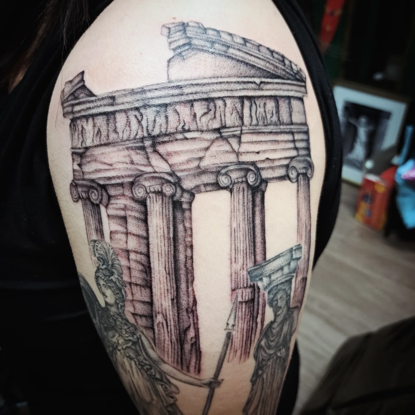 Ancient temple ruins black and grey tattoo on the shoulder by Kenzie Shepherd