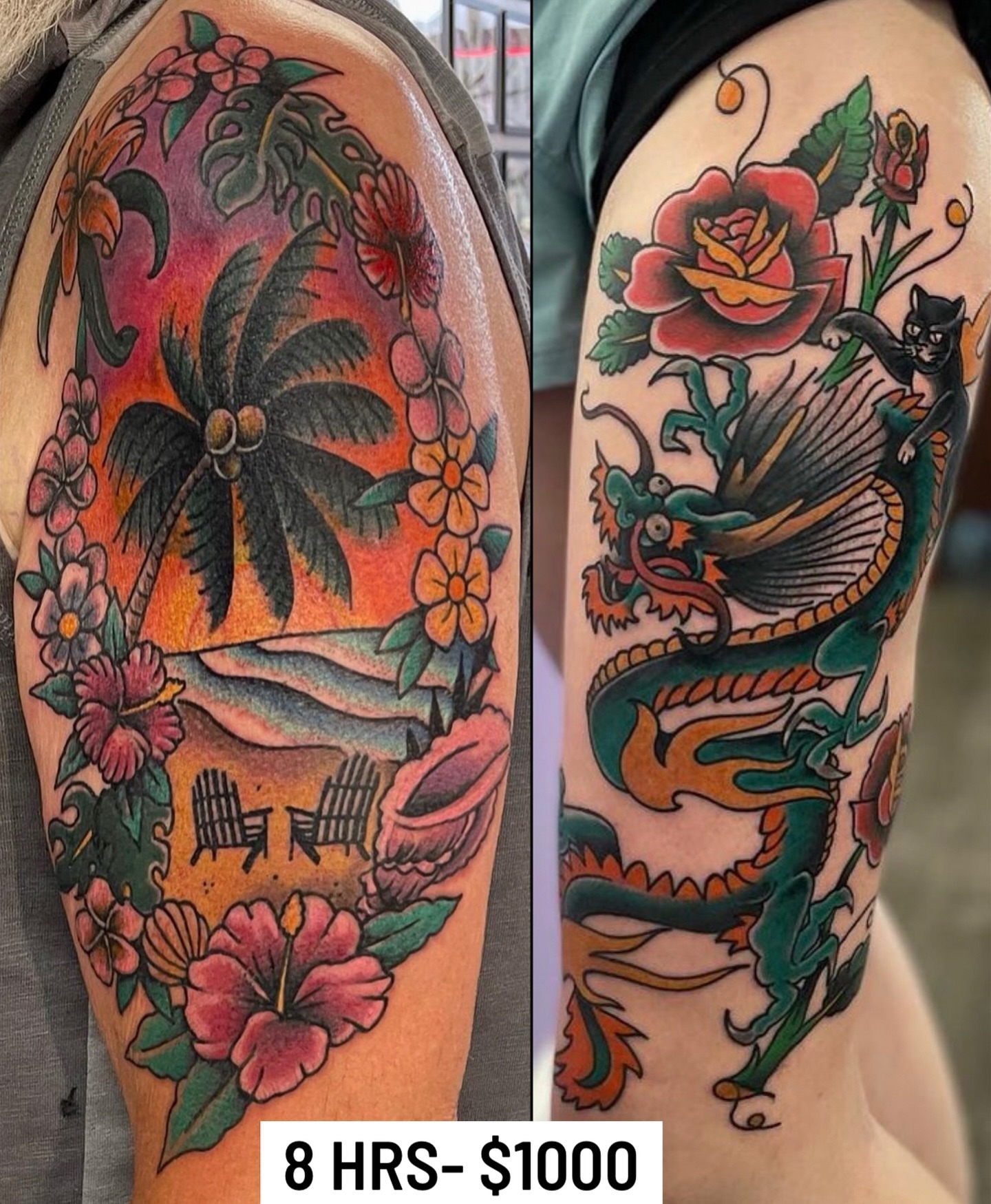 Beach sunset American traditional tattoo on the upper arm by Don Robison