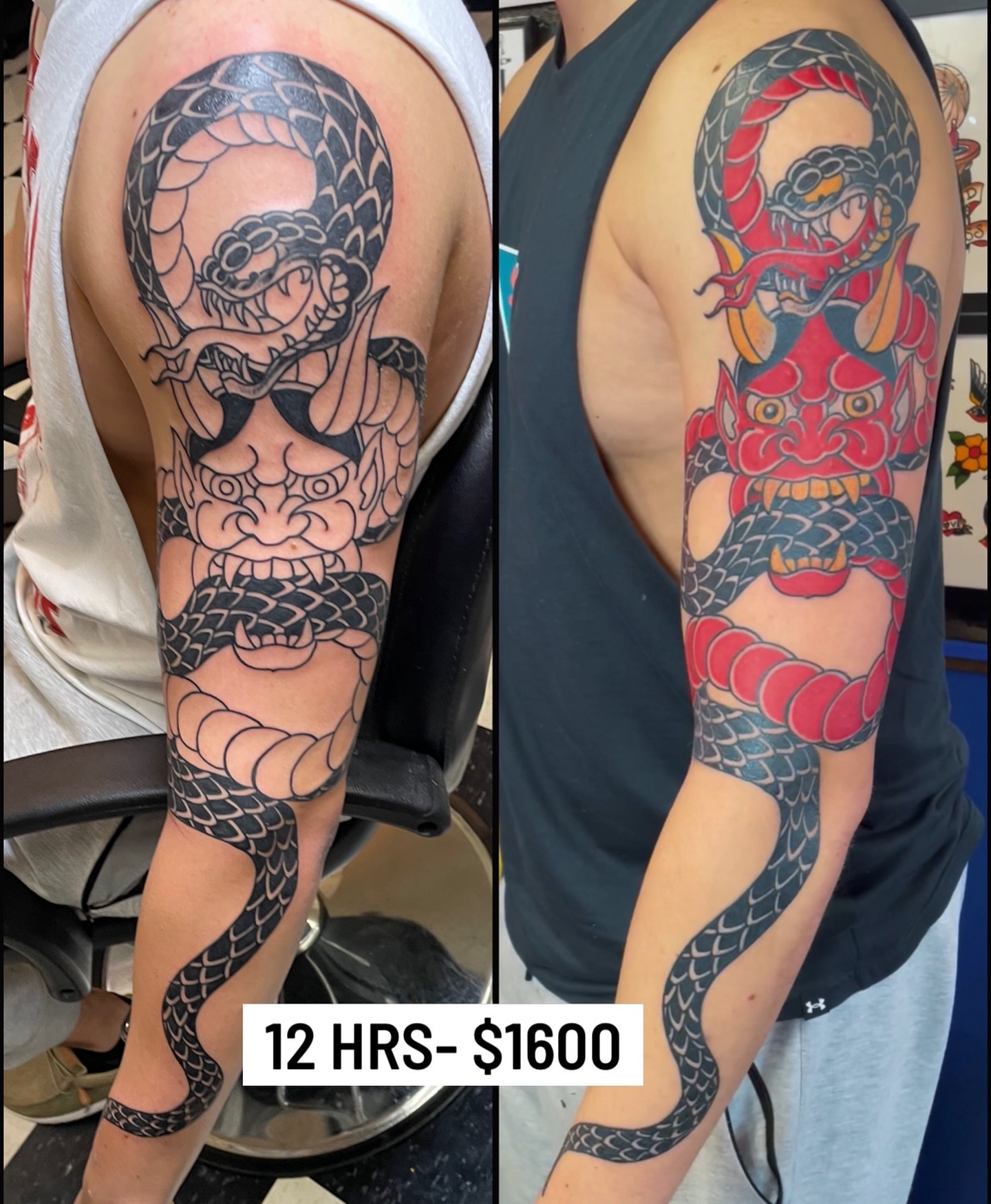 Snake and mask American traditional tattoo on the upper arm by Don Robison