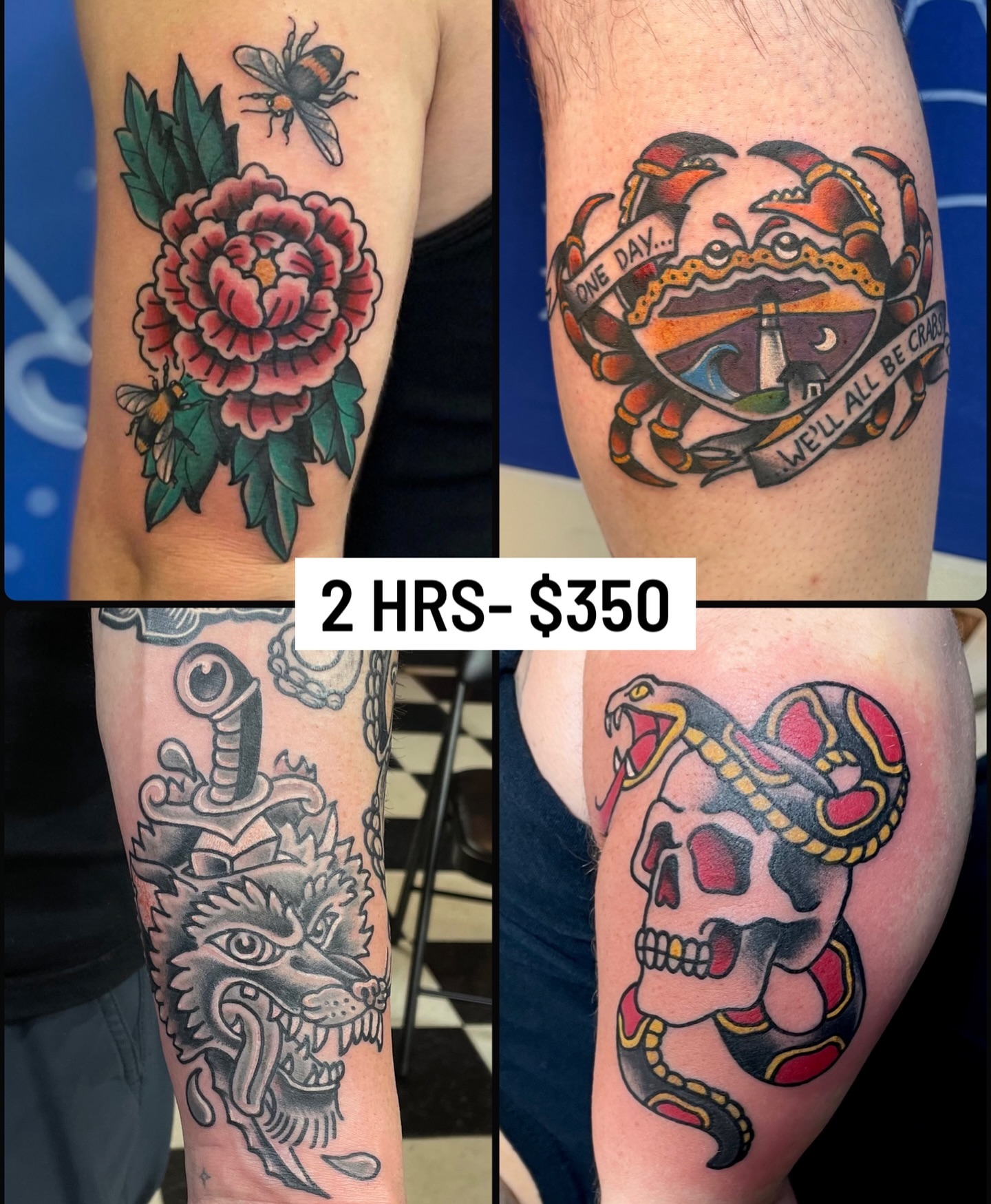 Flower and bee American traditional tattoo on the forearm by Don Robison