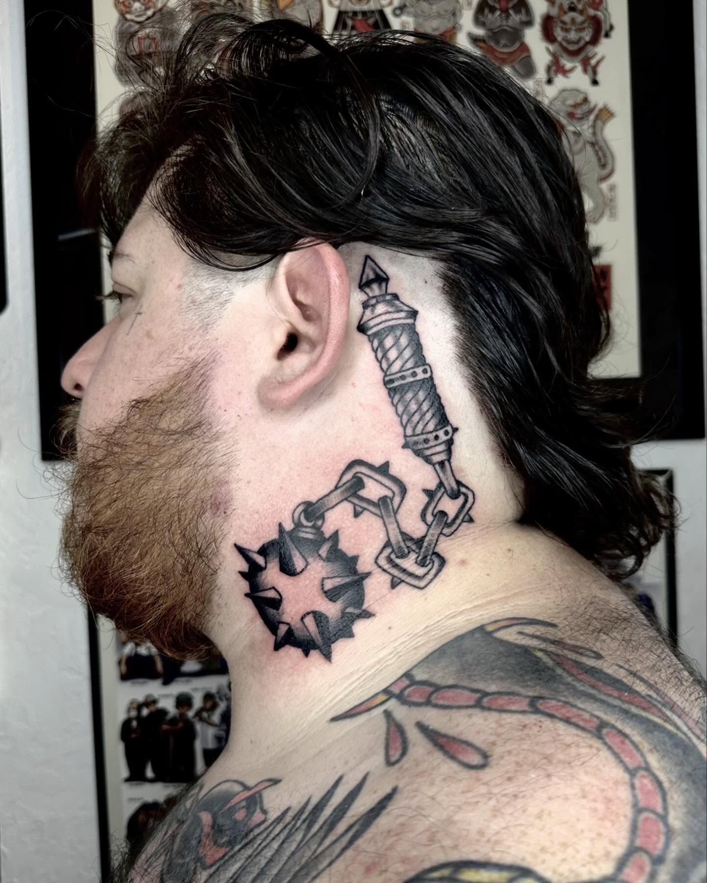 Anchor and chain black and grey tattoo on the neck by Elijah Edwards