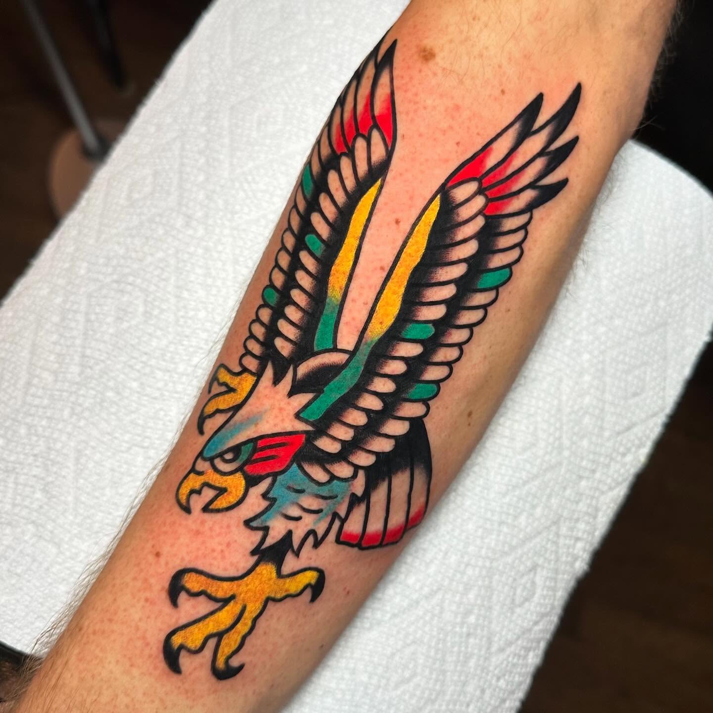Eagle American traditional tattoo on the forearm by Mr. Brent