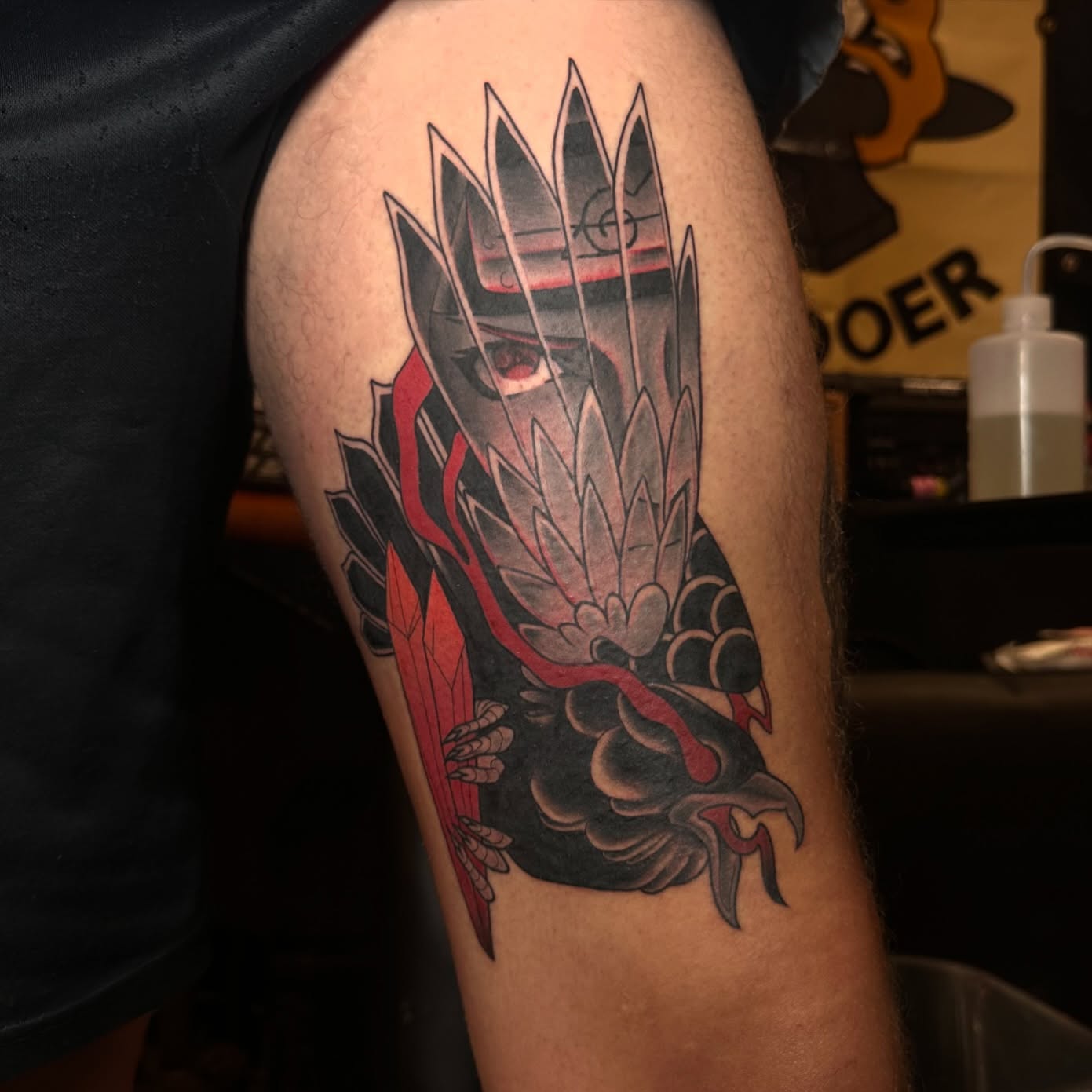Ninja mask with feathers japanese irezumi tattoo on the thigh by alex h🪴 neotrad