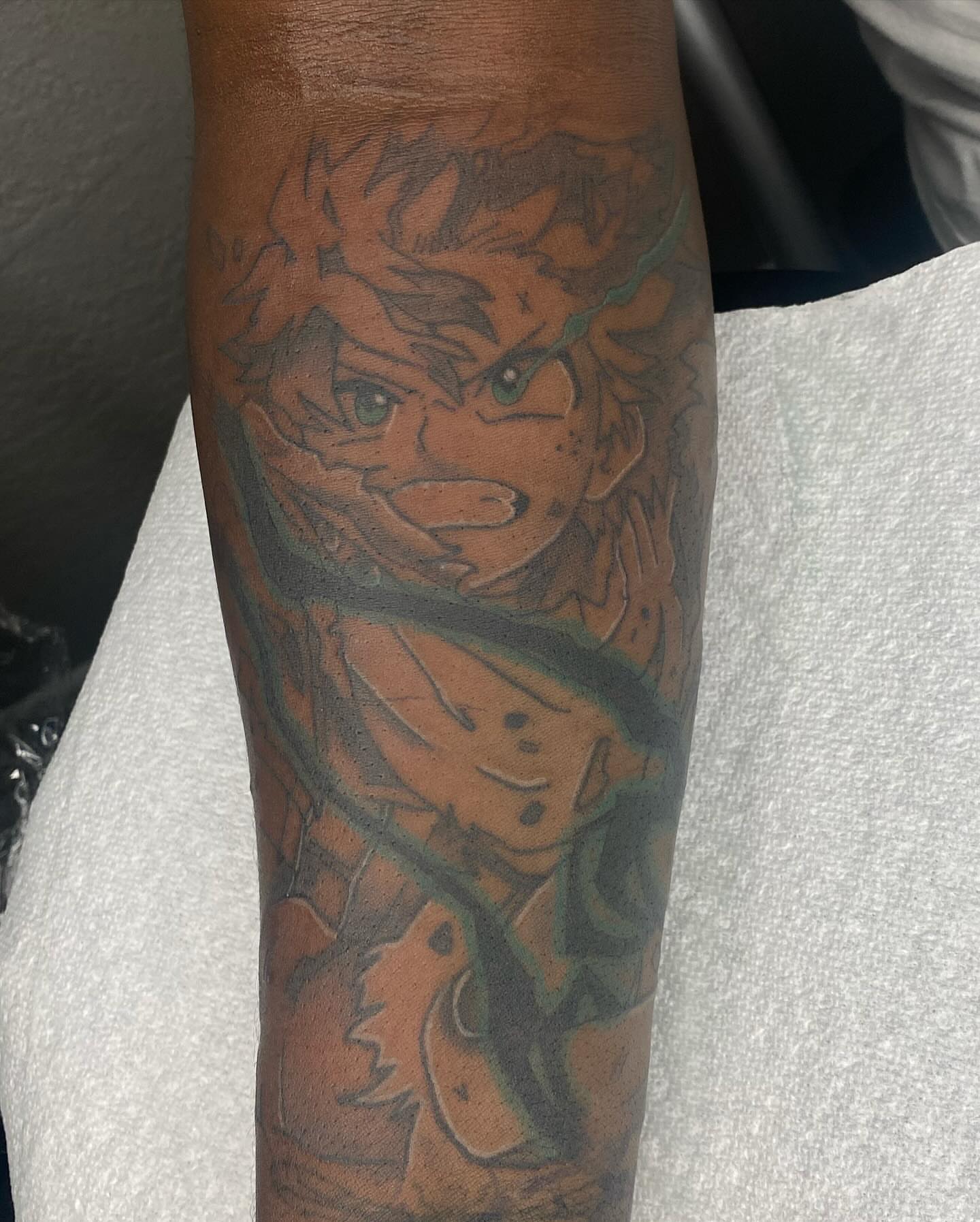 Anime character anime tattoo on the forearm by Evan Chastain