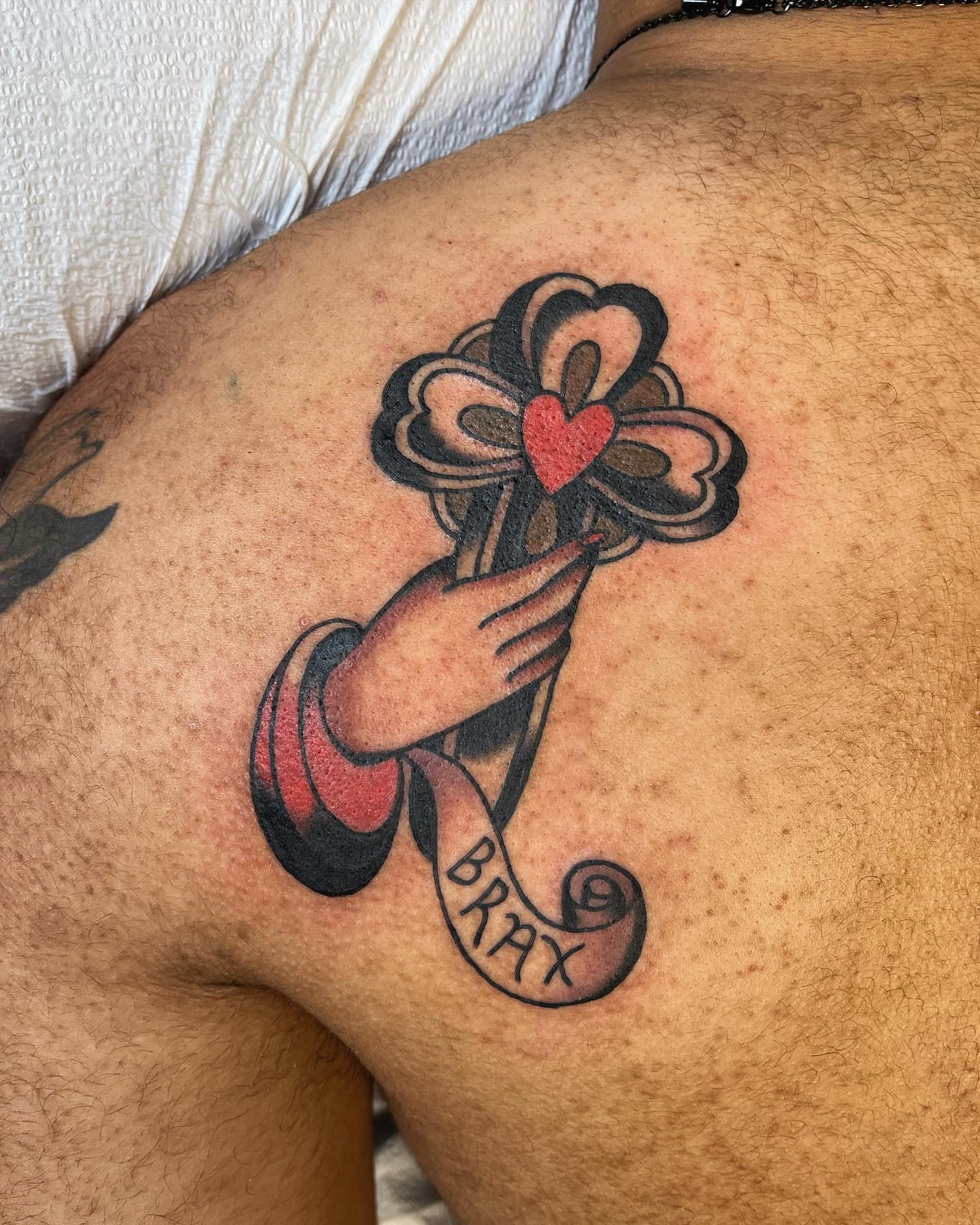 Cross with heart American traditional tattoo on the back by 🌞all Bodies Welcome🌞