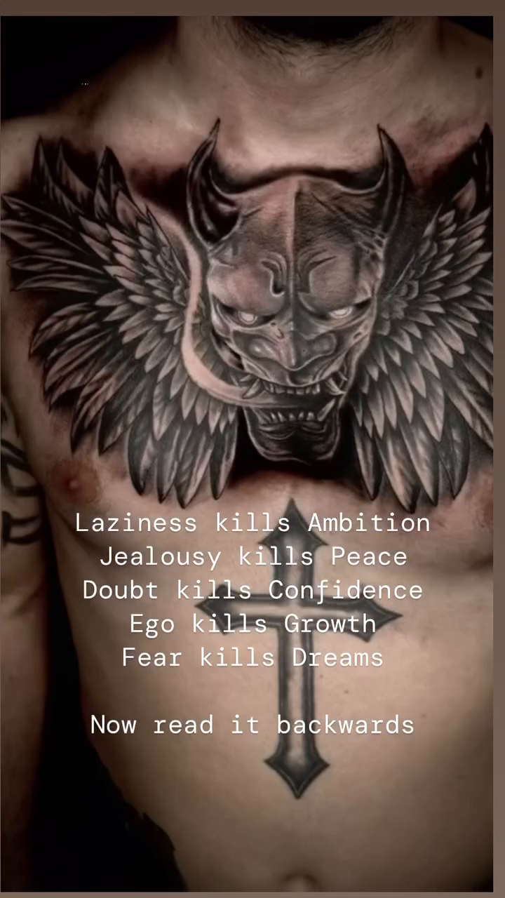 Demon with wings and cross realism tattoo by Philly Tattoo Artist Drew