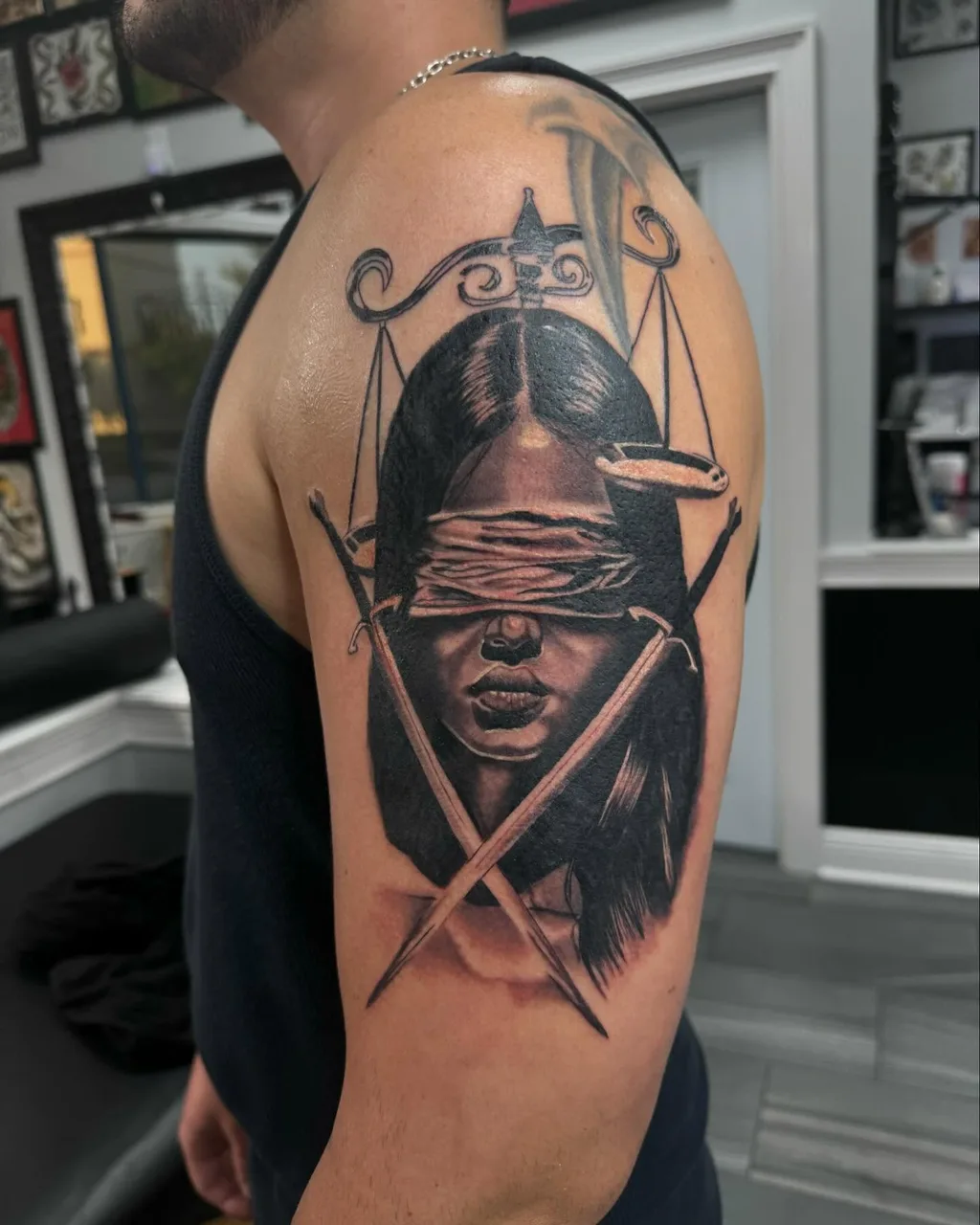 Lady Justice realism tattoo on the shoulder by lizzy, Damascus, Maryland