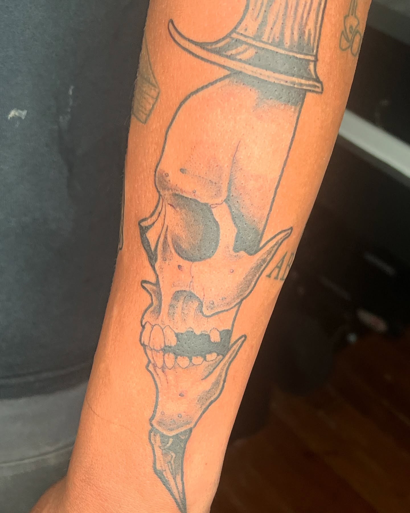 Skull black and grey tattoo on the forearm by Vincent C DiBiaso, Covington, Kentucky