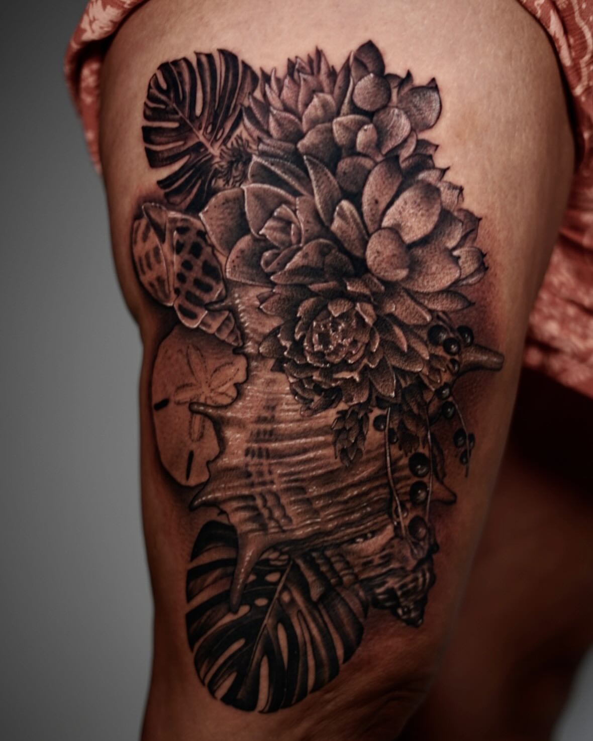 Succulent bouquet realism tattoo on the thigh by DREW ROMERO - Colorado Tattoo Artist, Pueblo, Colorado