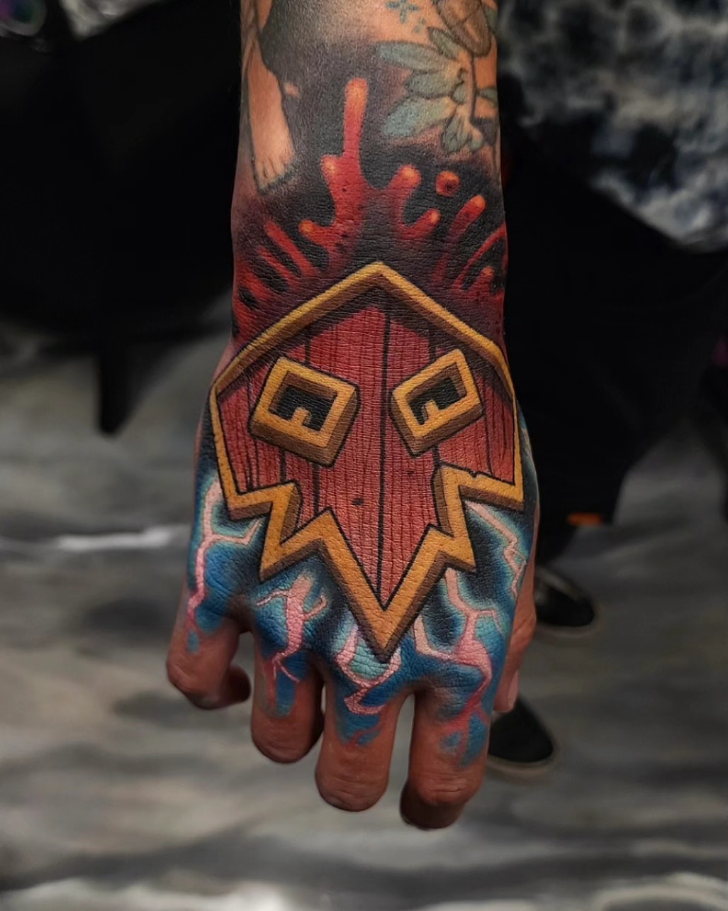 Mask geometric tattoo on the hand by Joanna Nguyen ♈