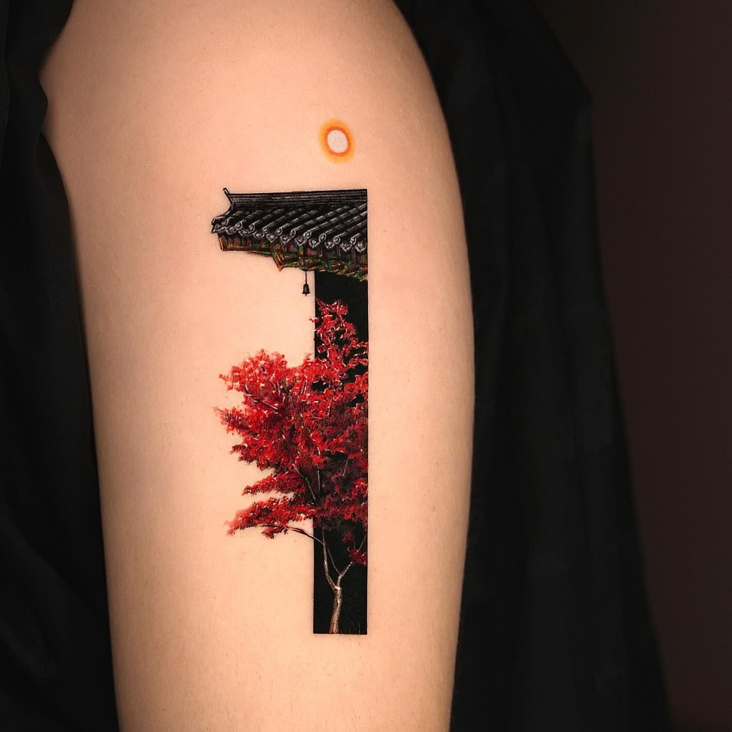 Red maple tree and pagoda realism tattoo on the forearm by Rizn