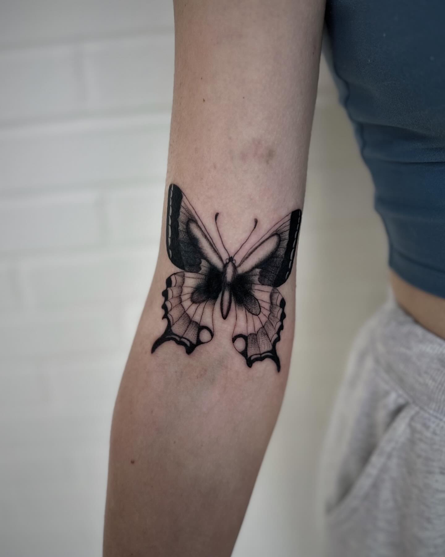 Butterfly black and grey tattoo on the forearm by 🕸 ᴠɪᴠɪᴀɴ ʟᴏʀᴇ 🕸, Nashville, Tennessee
