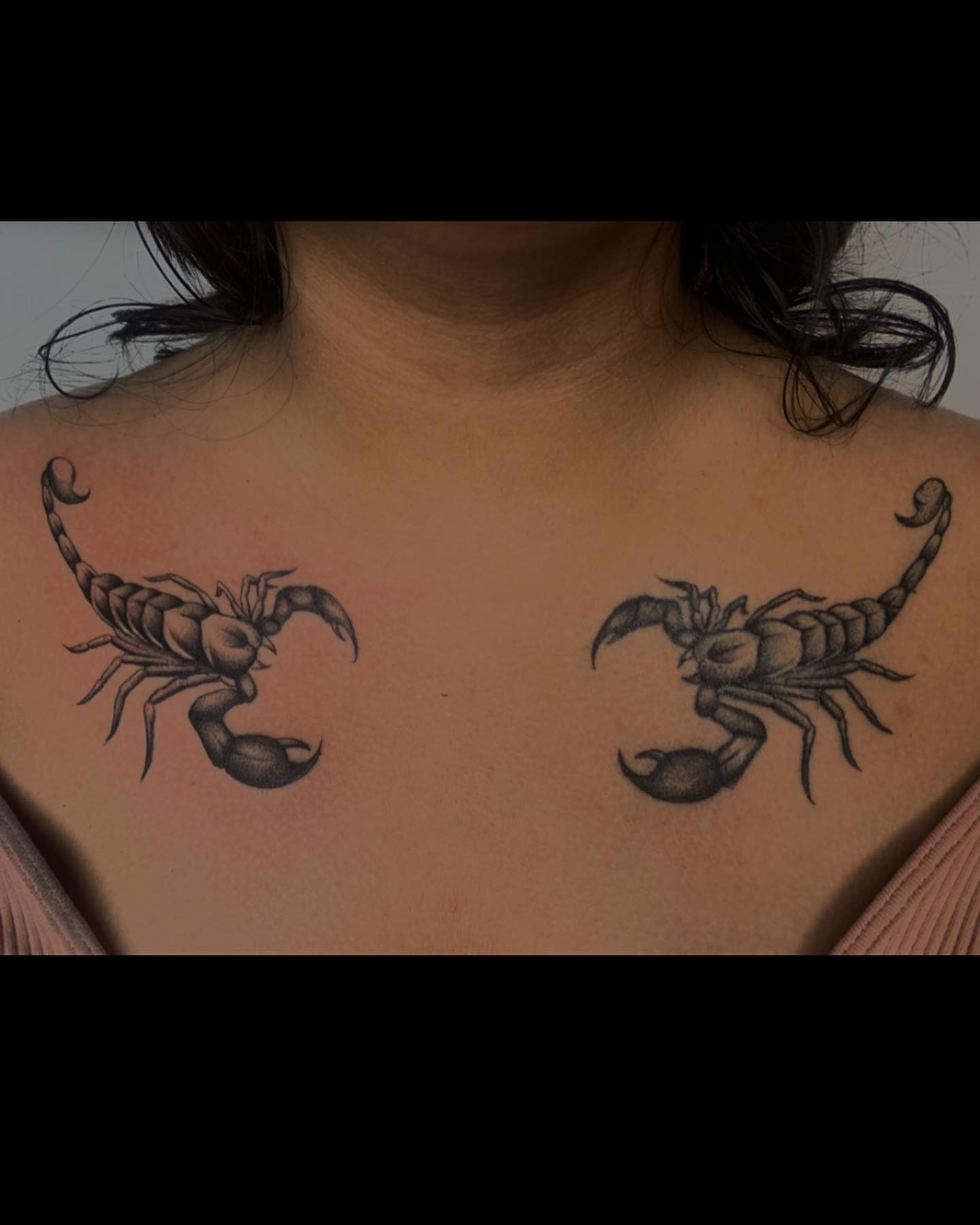 Scorpion black and grey tattoo on the chest by Rory Somerville
