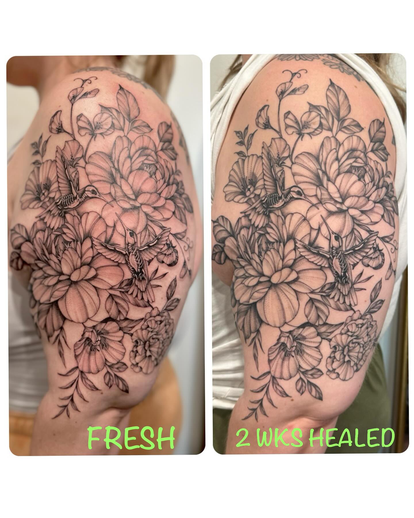 Floral bouquet with birds realism tattoo on the shoulder by Kate Darling