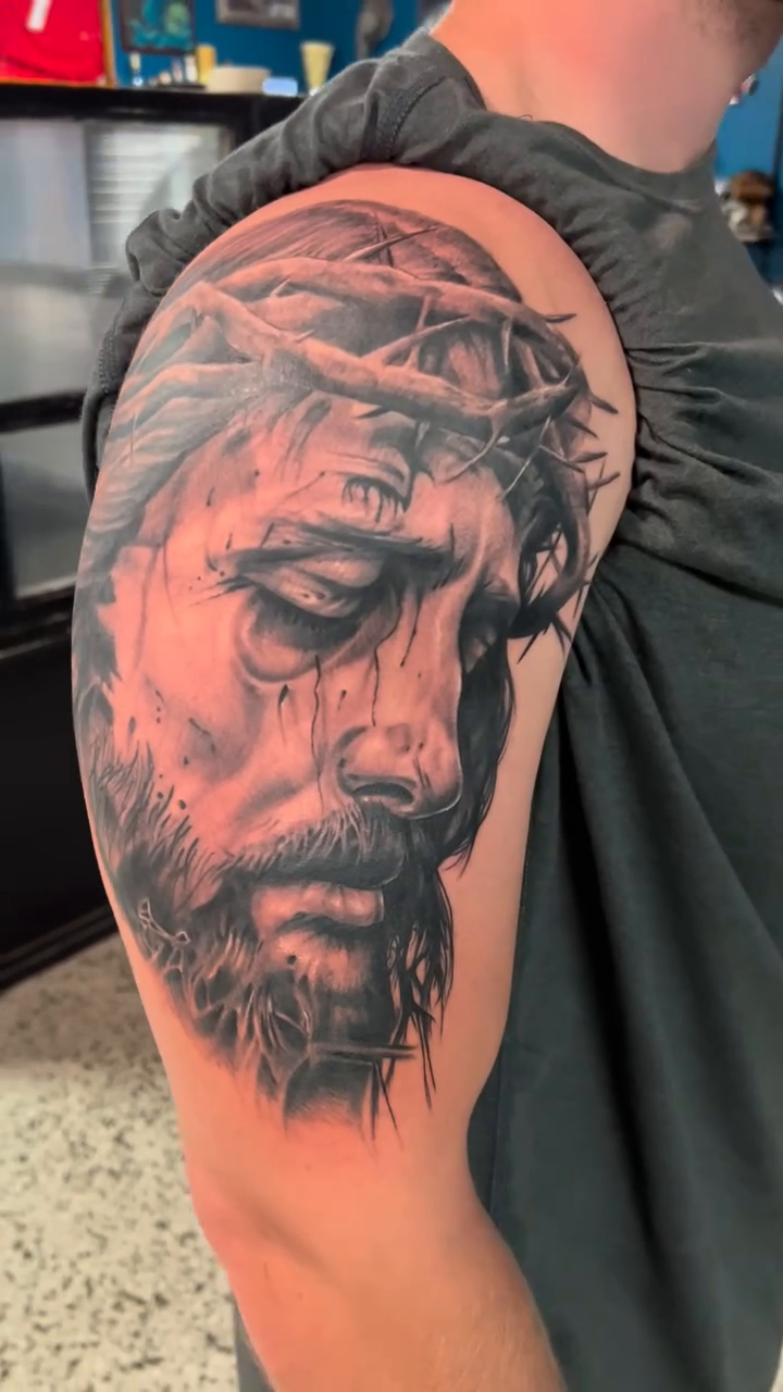 Jesus Christ portrait realism tattoo by Krys King Tattoos