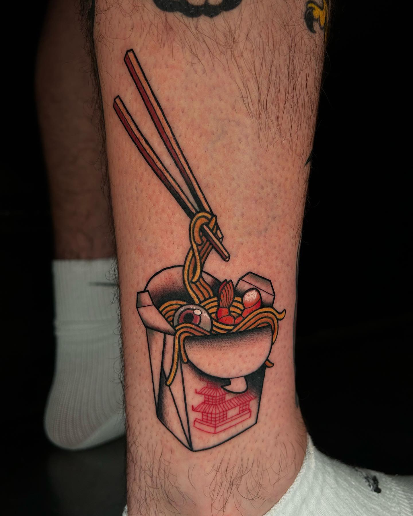 Ramen box new school tattoo on the forearm by Lexi Kniskern