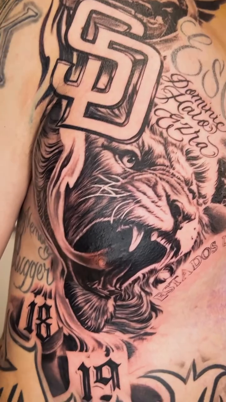 Lion and San Diego Padres logo realism tattoo by Sloe Rivera