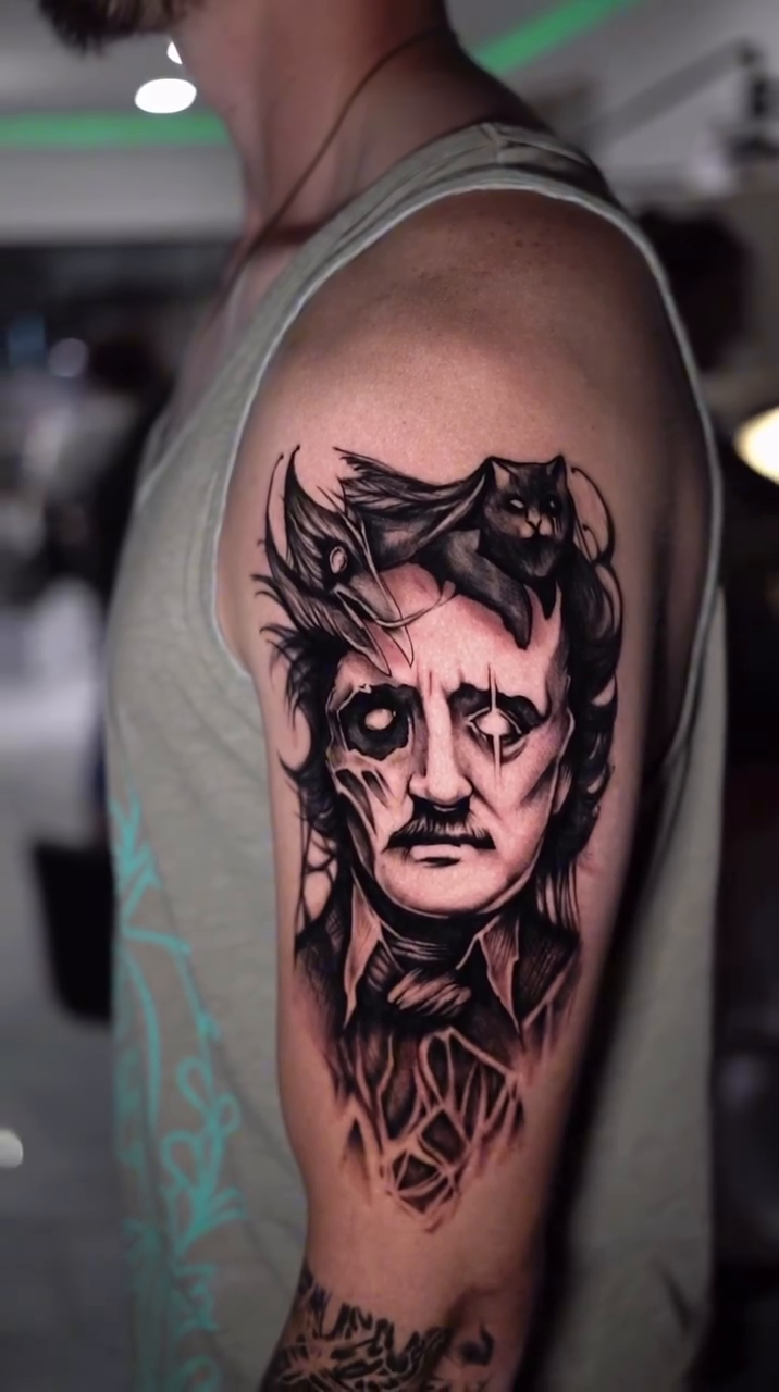 Edgar Allan Poe portrait realism tattoo by Charlotte Tattoo Artist