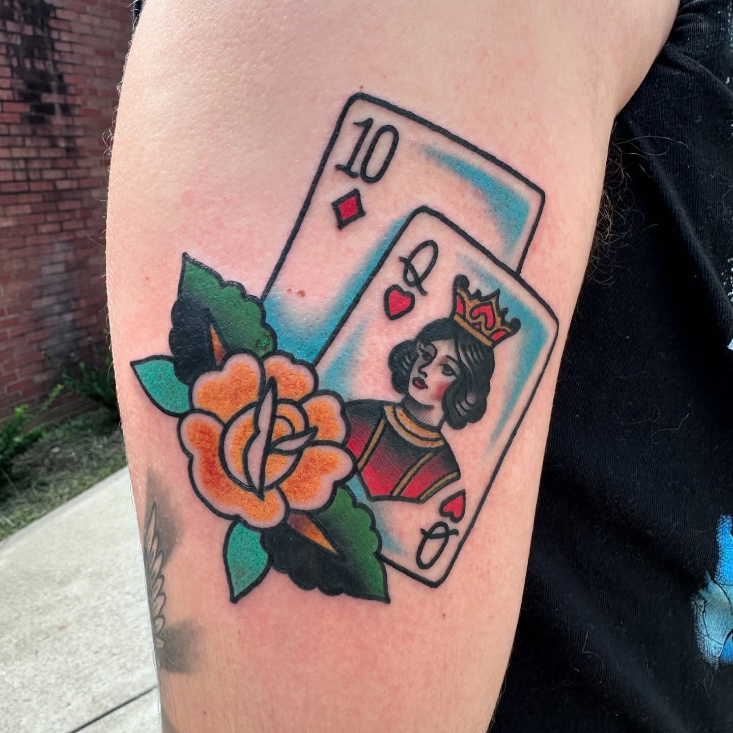 Queen of hearts card American traditional tattoo on the forearm by Blake Owens, Nashville, Tennessee