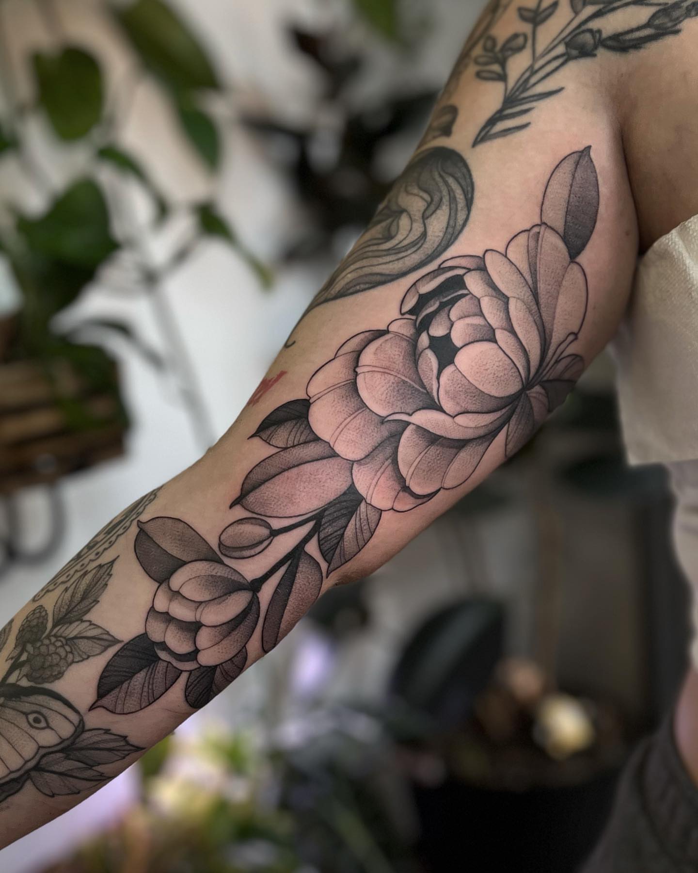 Peony flowers black and grey tattoo on the forearm by ✣ Liz Karn ✣