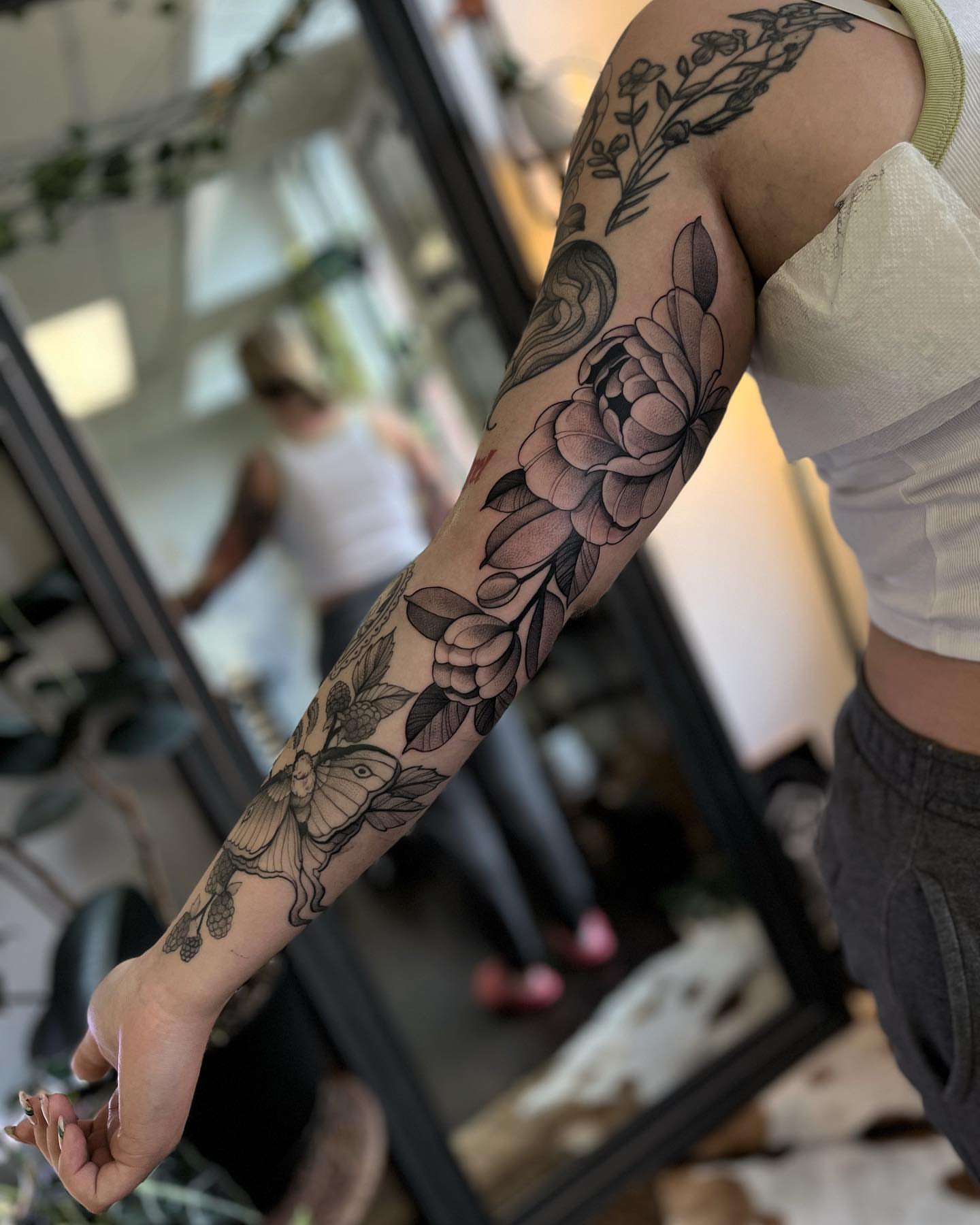 Floral bouquet black and grey tattoo on the forearm by ✣ Liz Karn ✣