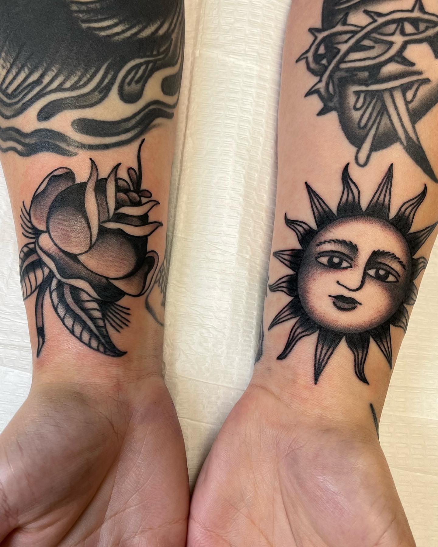 Rose and sun realism tattoo on the forearm by 🌞all Bodies Welcome🌞