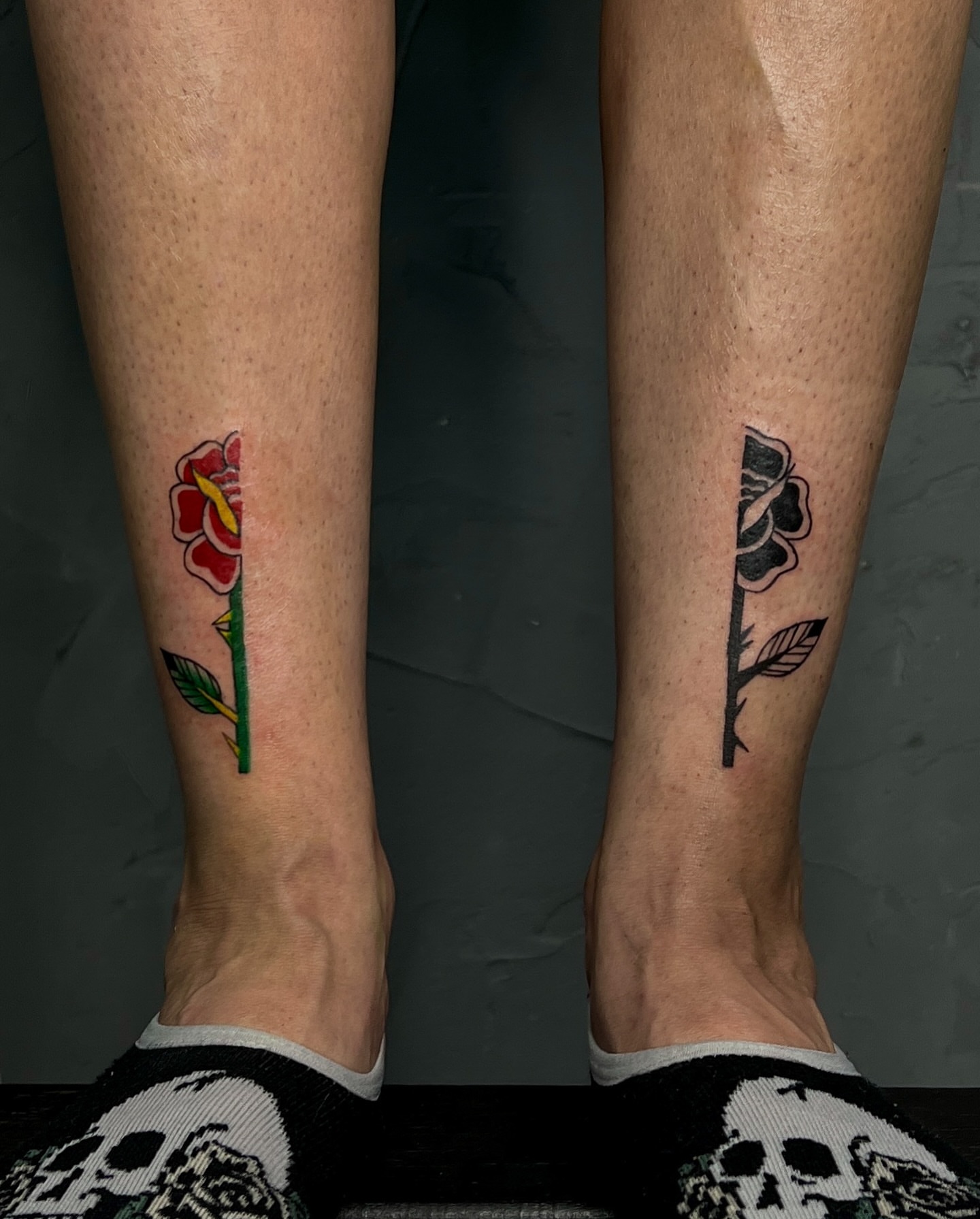 Rose American traditional tattoo on the calf by Rebel milly Tattoo