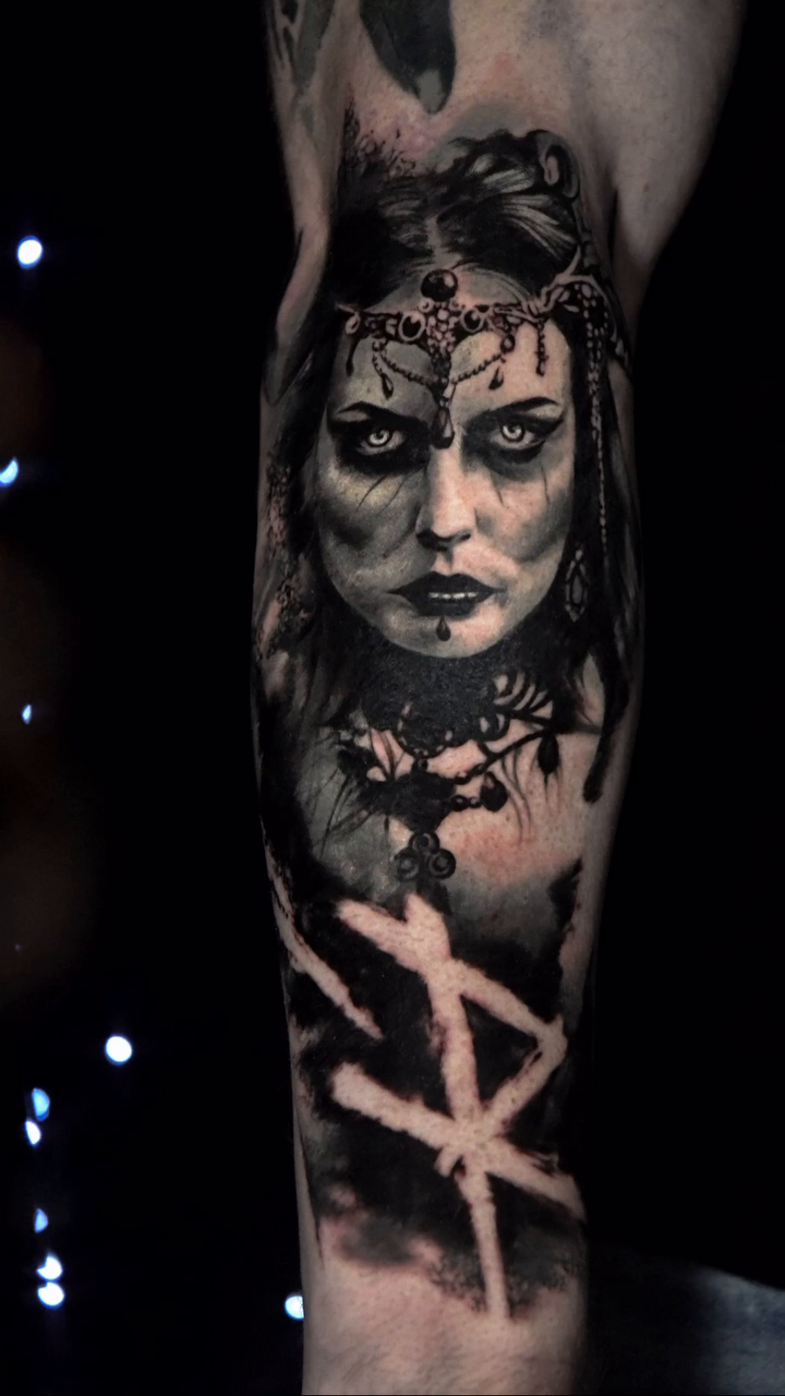 Viking woman dark realism tattoo by Travis Thorpe