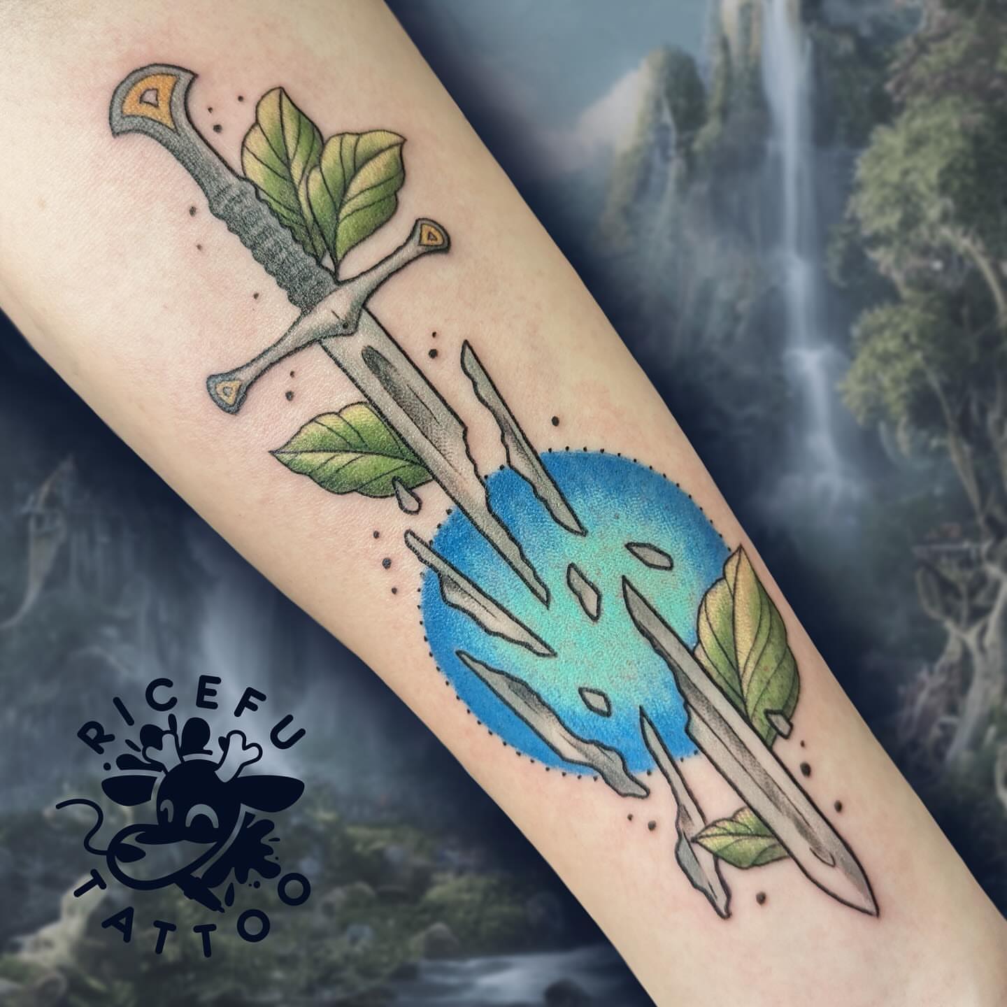 Crossed swords and blue orb dotwork tattoo on the forearm by Ricefu Art & Tattoo