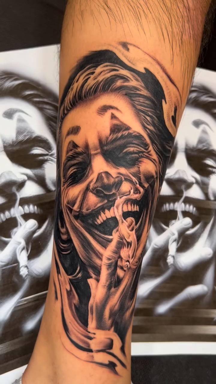 The Joker realism tattoo by Sloe Rivera