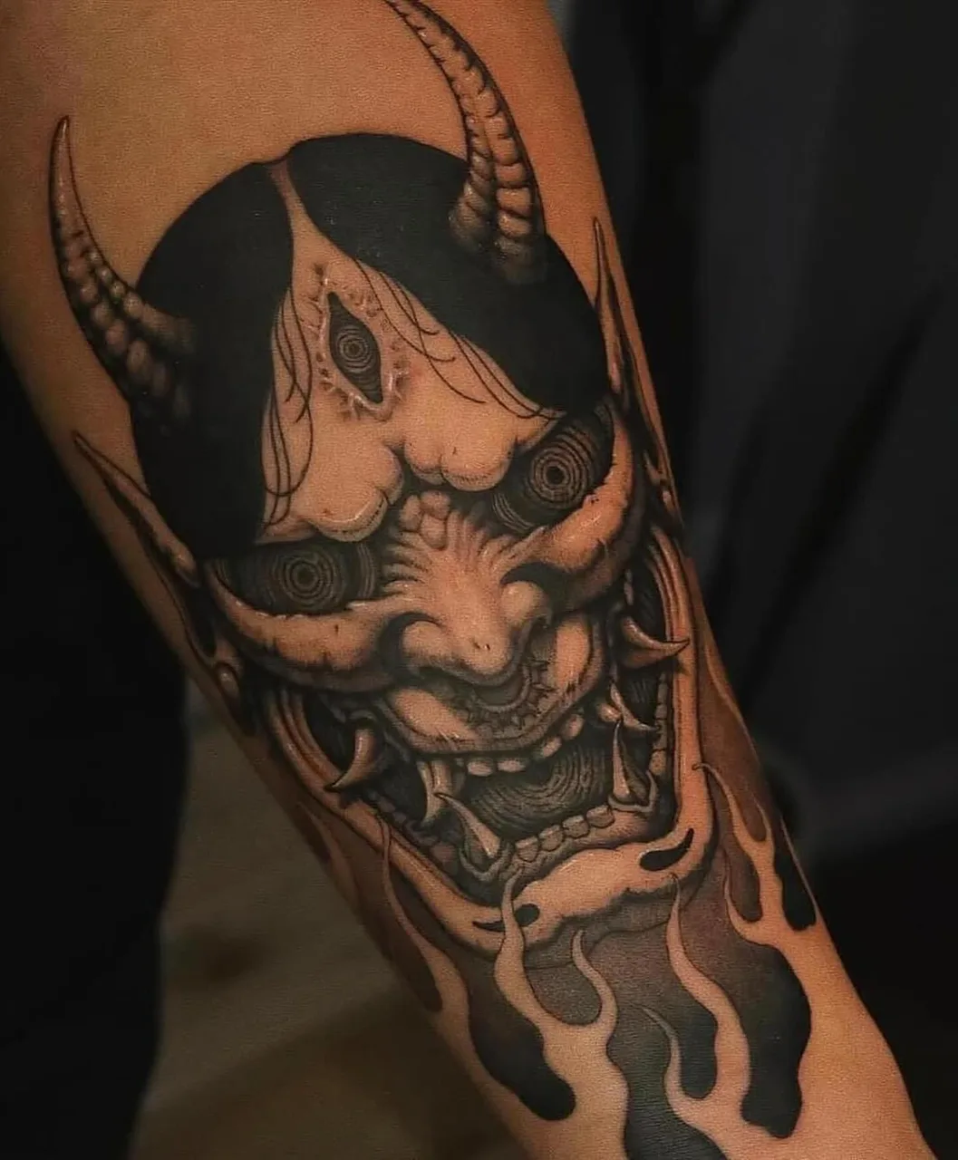 Demon mask japanese irezumi tattoo on the forearm by Minho