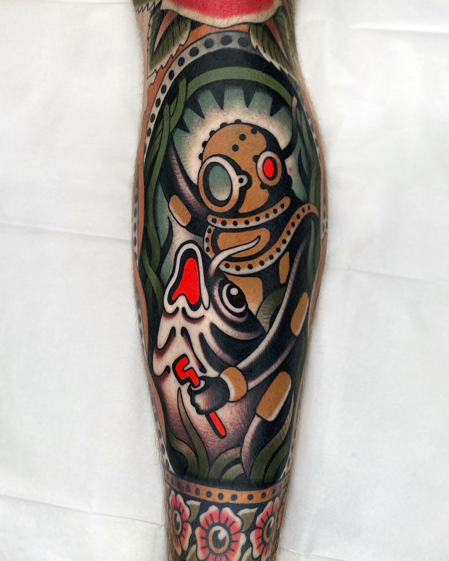 Diver with mask American traditional tattoo on the forearm by Wes Hoffman