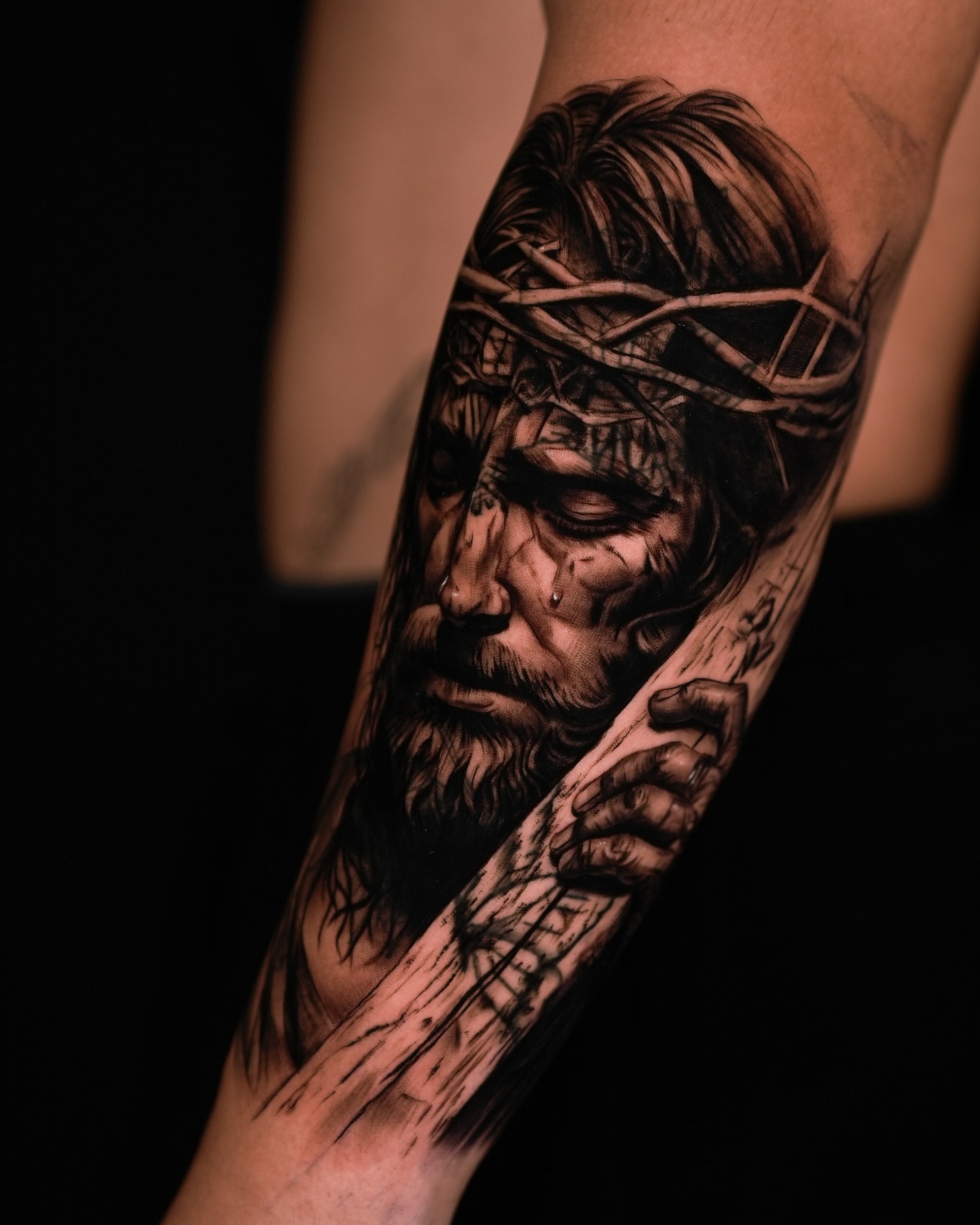 Jesus Christ realism tattoo on the forearm by Reena Pho, Nashville, Tennessee