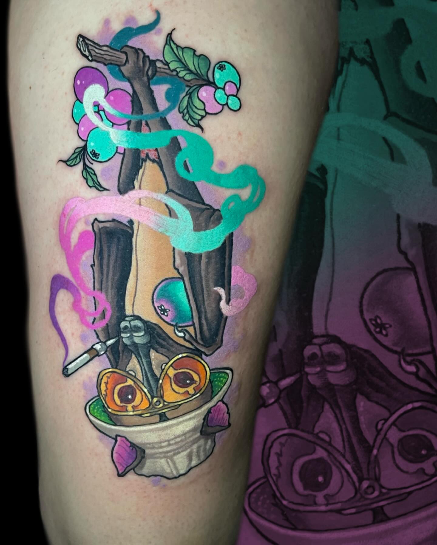 Fruit bowl with smoking pipe new school tattoo on the forearm by Mike Shultz