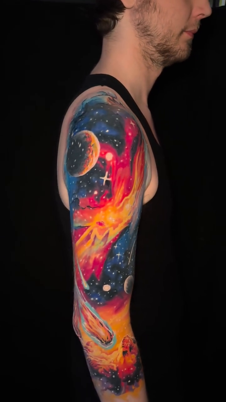 Galaxy sleeve watercolor tattoo by Matt Trimble, Charlotte, North Carolina