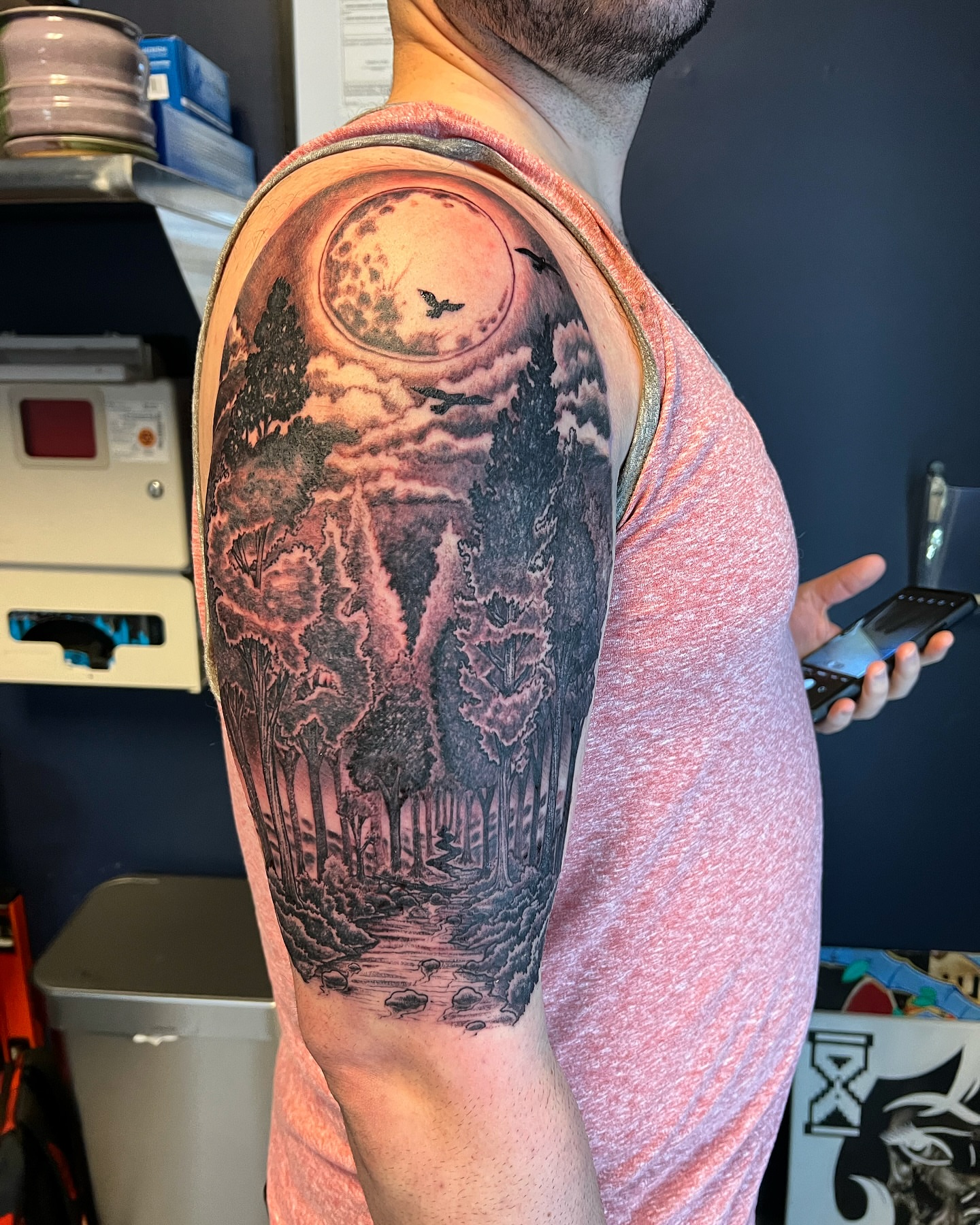 Forest landscape realism tattoo on the upper arm by Vincent C DiBiaso, Covington, Kentucky
