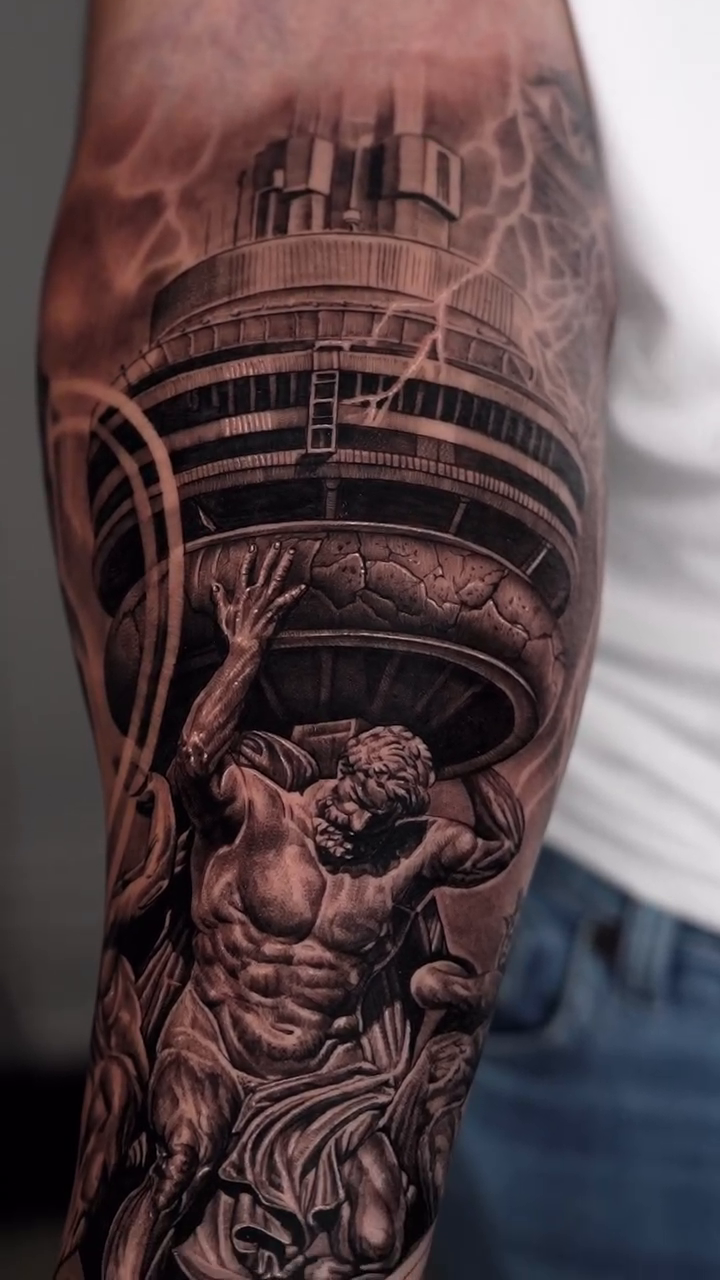 Atlas holding the sky realism tattoo by Steven tattoo